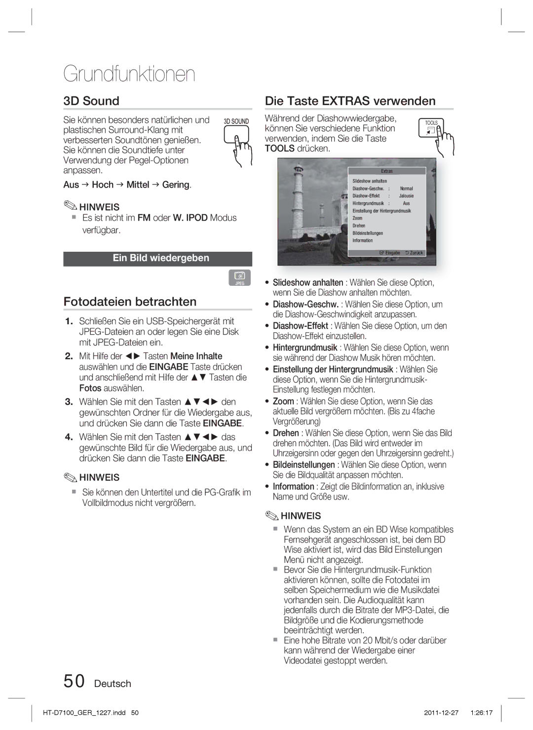 Samsung HT-D7100/ZF, HT-D7100/EN manual 3D Sound, Fotodateien betrachten, Die Taste Extras verwenden, Ein Bild wiedergeben 