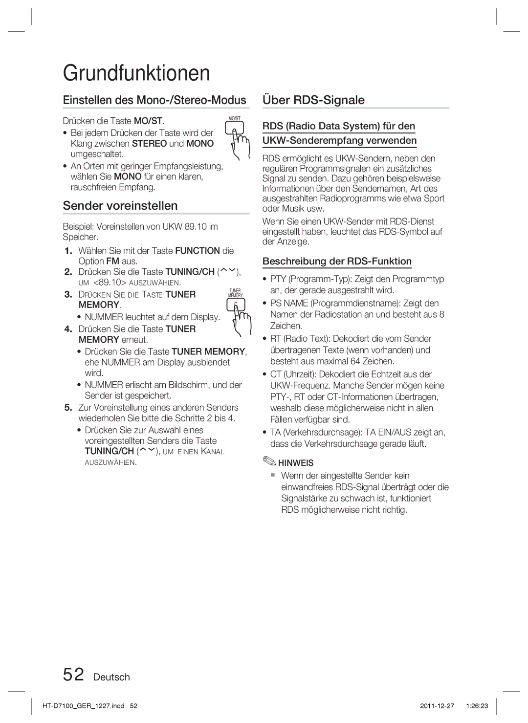 Samsung HT-D7100/XN, HT-D7100/EN, HT-D7100/ZF Einstellen des Mono-/Stereo-Modus, Sender voreinstellen, Über RDS-Signale 