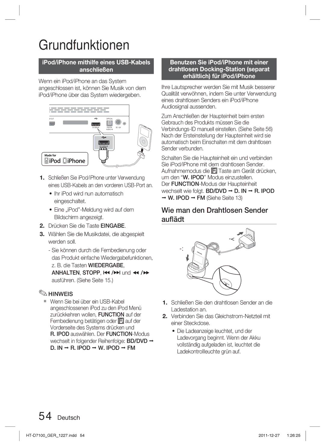 Samsung HT-D7100/EN, HT-D7100/XN Wie man den Drahtlosen Sender auﬂädt, IPod/iPhone mithilfe eines USB-Kabels Anschließen 