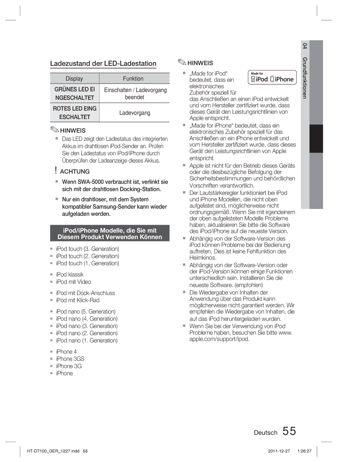 Samsung HT-D7100/XN manual Ladezustand der LED-Ladestation, Display Funktion, Grünes LED EI, Rotes LED Eing, Eschaltet 