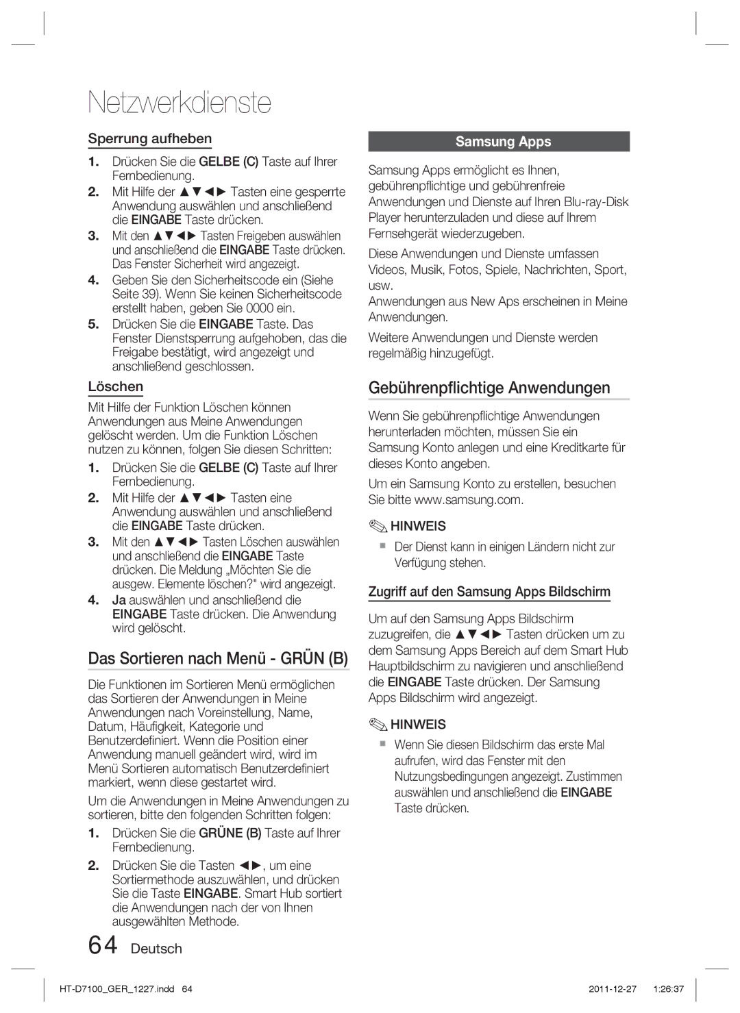 Samsung HT-D7100/XN, HT-D7100/EN, HT-D7100/ZF manual Gebührenpﬂichtige Anwendungen, Sperrung aufheben, Löschen, Samsung Apps 