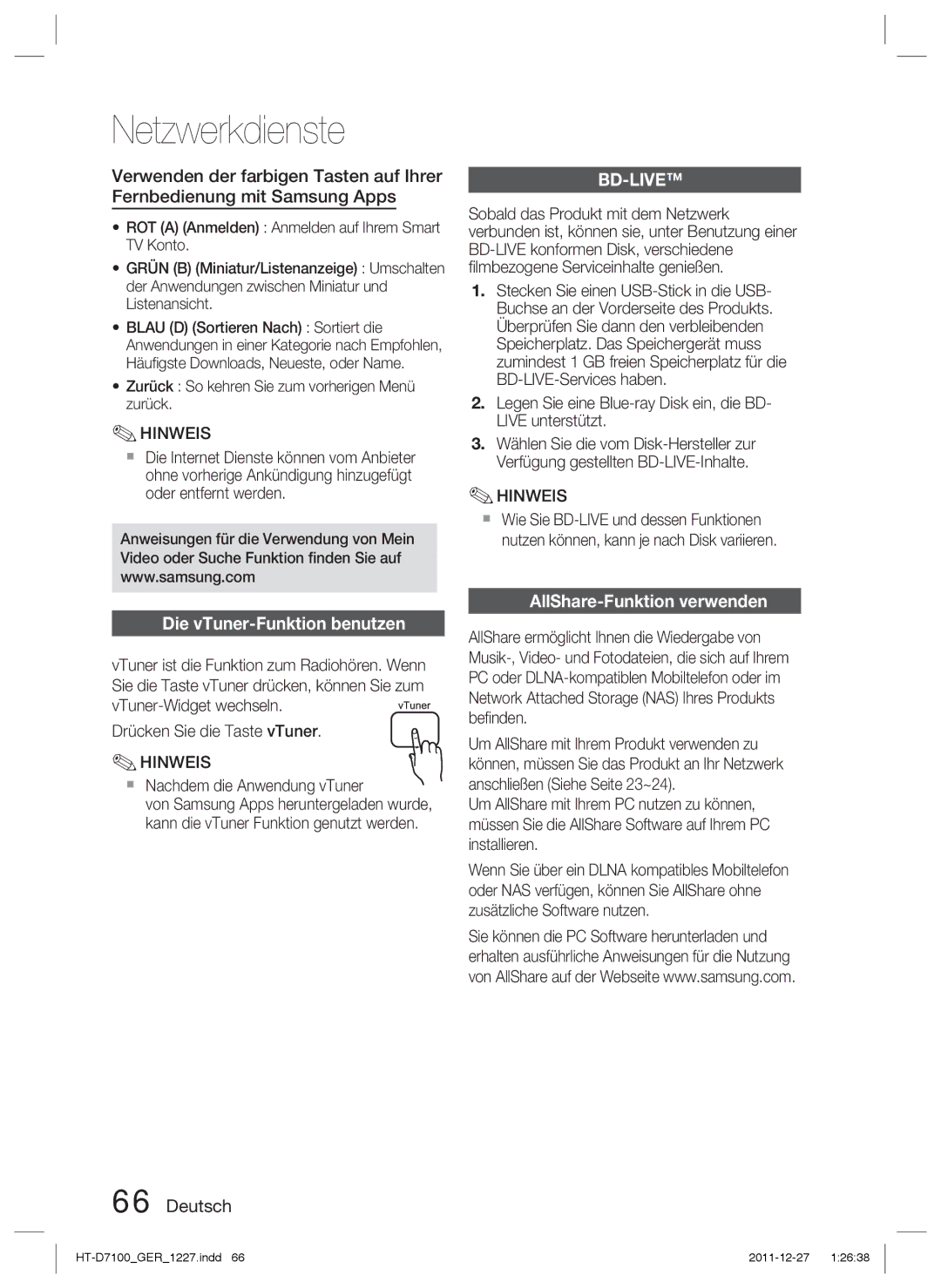 Samsung HT-D7100/EN, HT-D7100/XN Die vTuner-Funktion benutzen, AllShare-Funktion verwenden,  Nachdem die Anwendung vTuner 