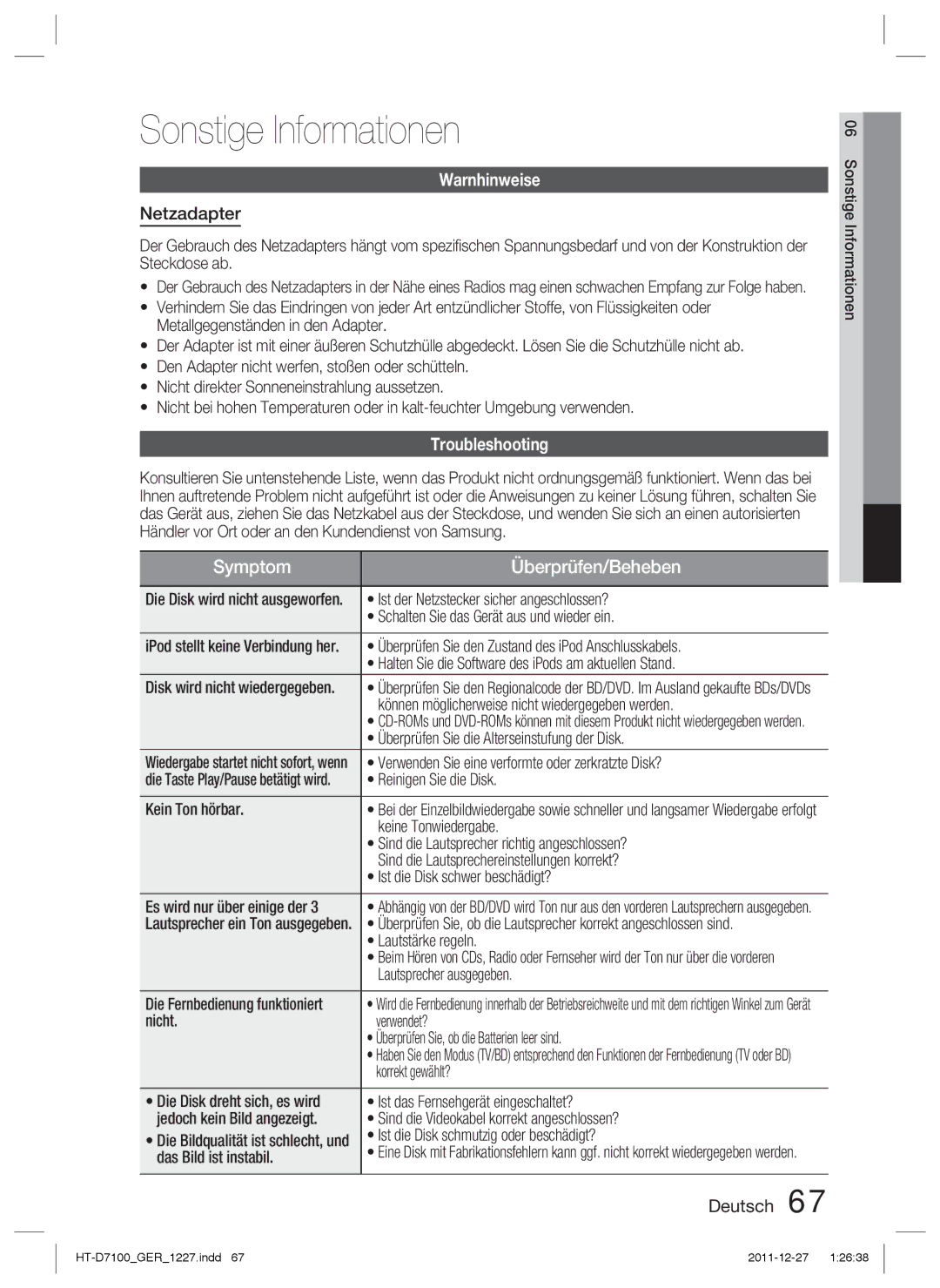 Samsung HT-D7100/XN, HT-D7100/EN, HT-D7100/ZF manual Sonstige Informationen, Warnhinweise, Netzadapter, Troubleshooting 