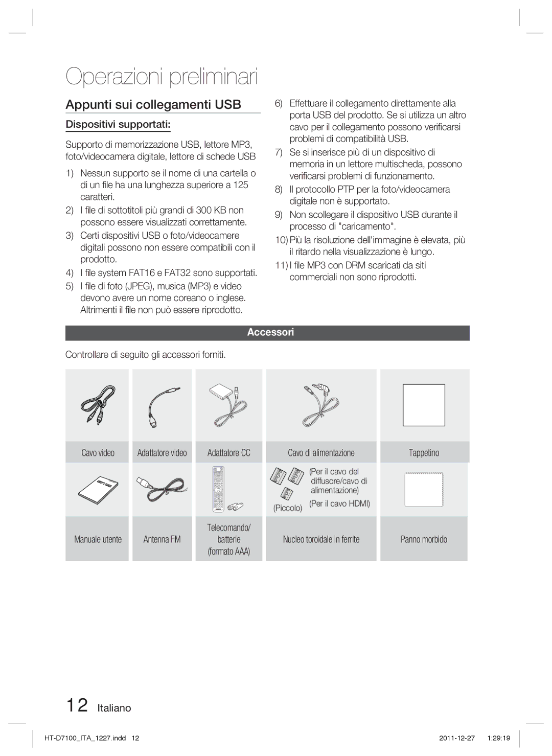 Samsung HT-D7100/EN, HT-D7100/ZF manual Appunti sui collegamenti USB, Dispositivi supportati, Accessori 