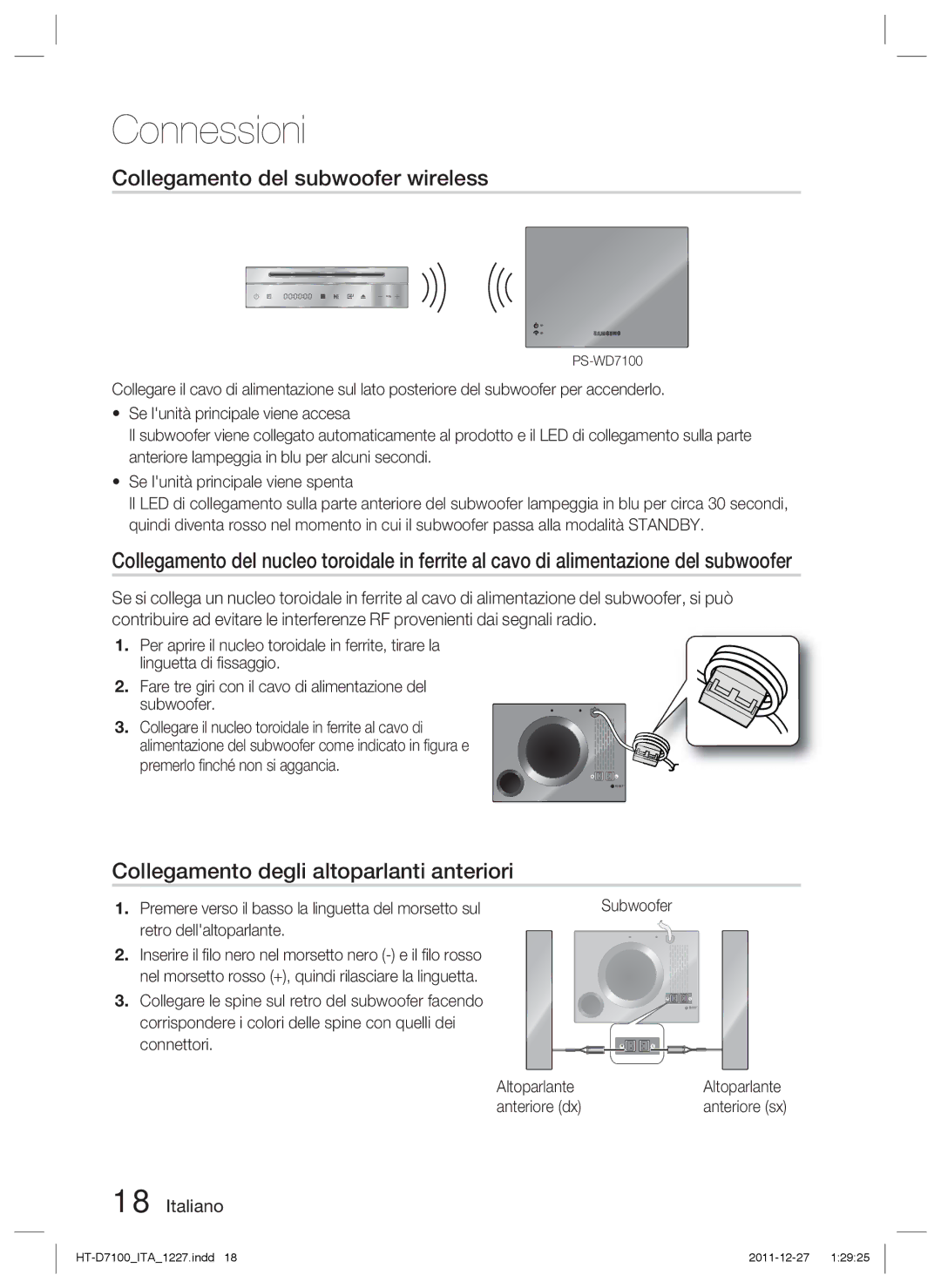 Samsung HT-D7100/EN manual Collegamento del subwoofer wireless, Collegamento degli altoparlanti anteriori, Altoparlante 