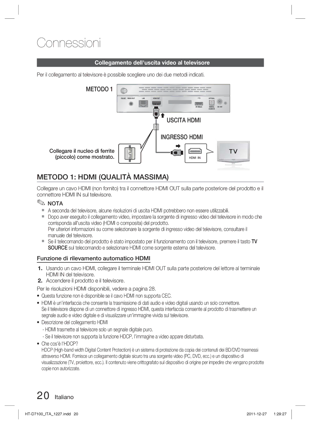 Samsung HT-D7100/EN, HT-D7100/ZF manual Collegamento delluscita video al televisore, Funzione di rilevamento automatico Hdmi 