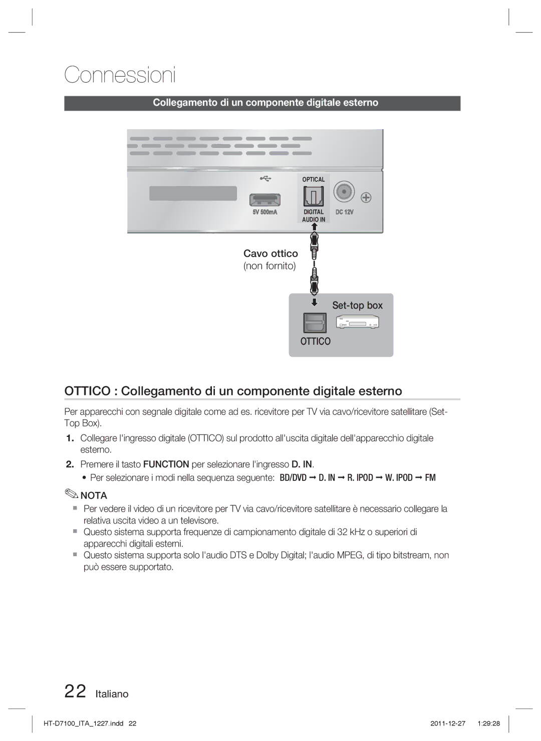 Samsung HT-D7100/EN manual Ottico Collegamento di un componente digitale esterno, Cavo ottico non fornito Set-top box 