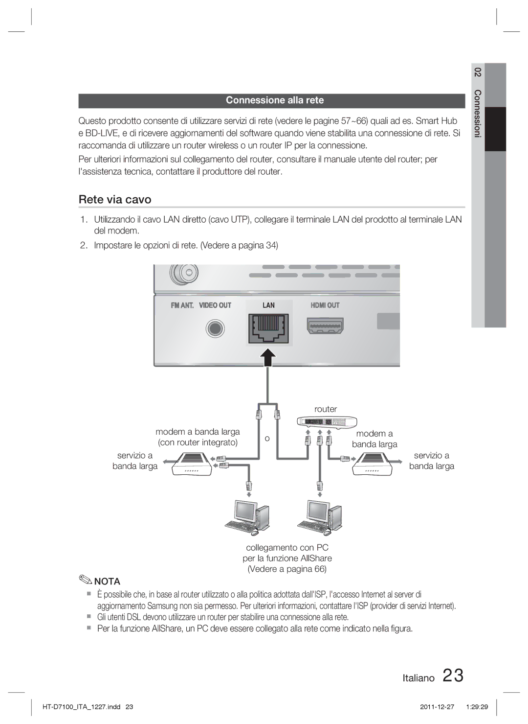 Samsung HT-D7100/ZF, HT-D7100/EN manual Connessione alla rete, Modem a banda larga con router integrato 