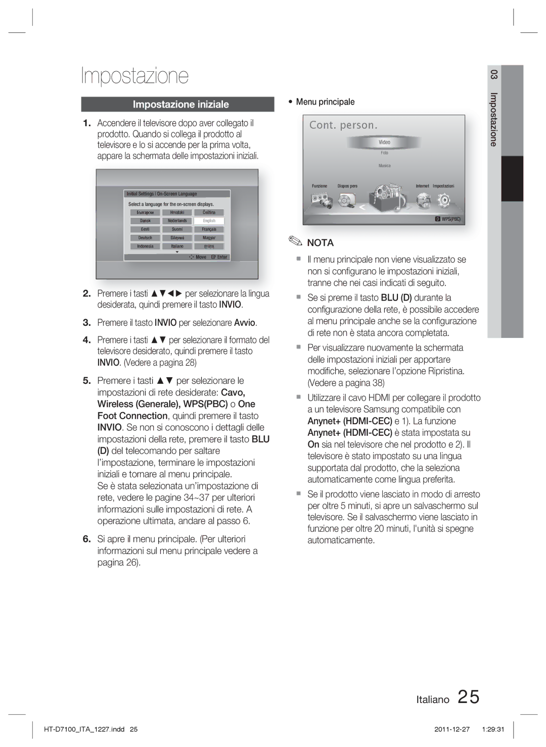 Samsung HT-D7100/ZF, HT-D7100/EN manual Impostazione iniziale, Premere il tasto Invio per selezionare Avvio 