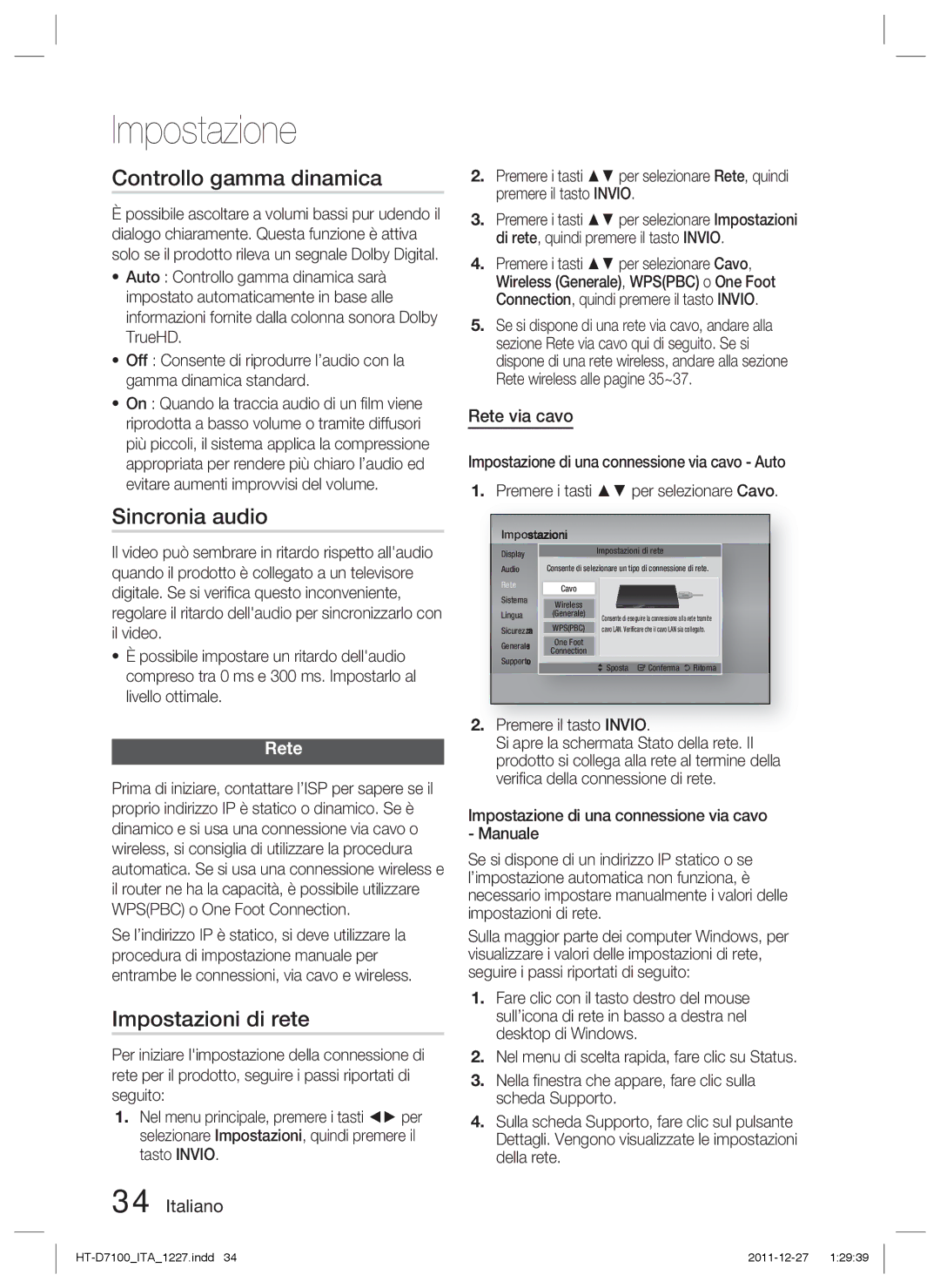 Samsung HT-D7100/EN, HT-D7100/ZF manual Controllo gamma dinamica, Sincronia audio, Impostazioni di rete, Rete via cavo 