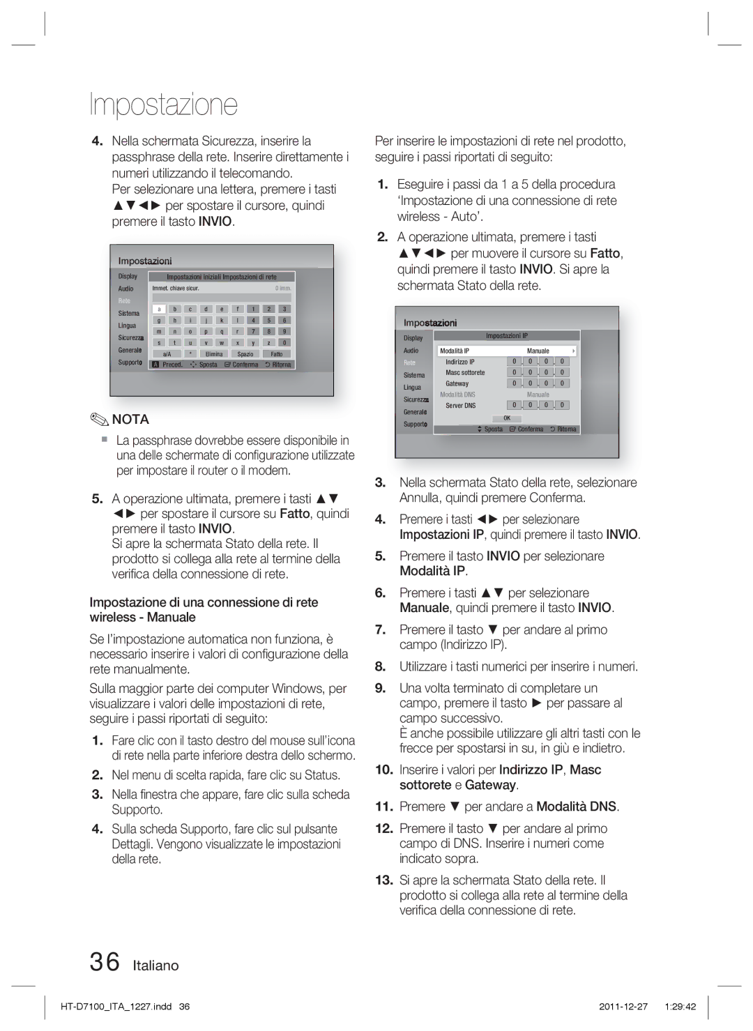 Samsung HT-D7100/EN, HT-D7100/ZF manual Display Impostazioni iniziali Impostazioni di rete Audio 