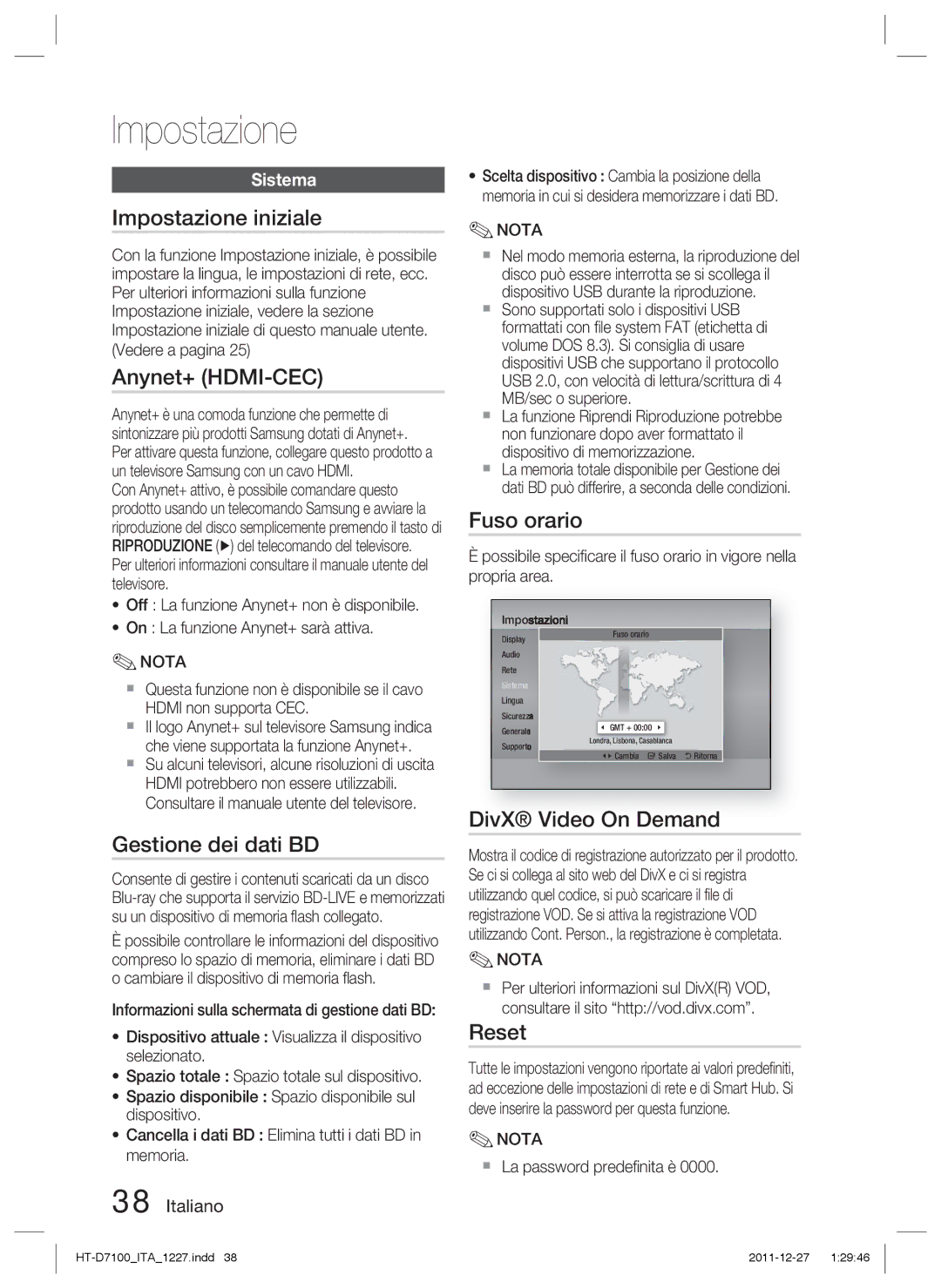 Samsung HT-D7100/EN manual Impostazione iniziale, Anynet+ HDMI-CEC, Gestione dei dati BD, Fuso orario, DivX Video On Demand 