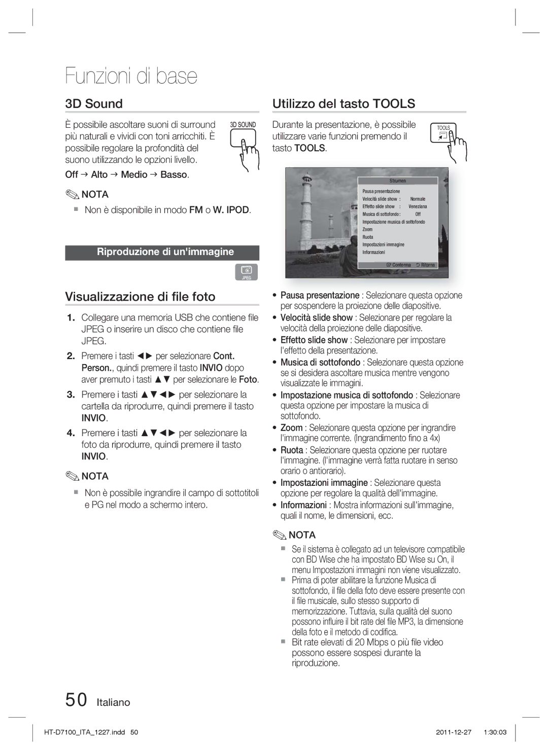 Samsung HT-D7100/EN manual 3D Sound, Visualizzazione di ﬁle foto, Utilizzo del tasto Tools, Riproduzione di unimmagine 