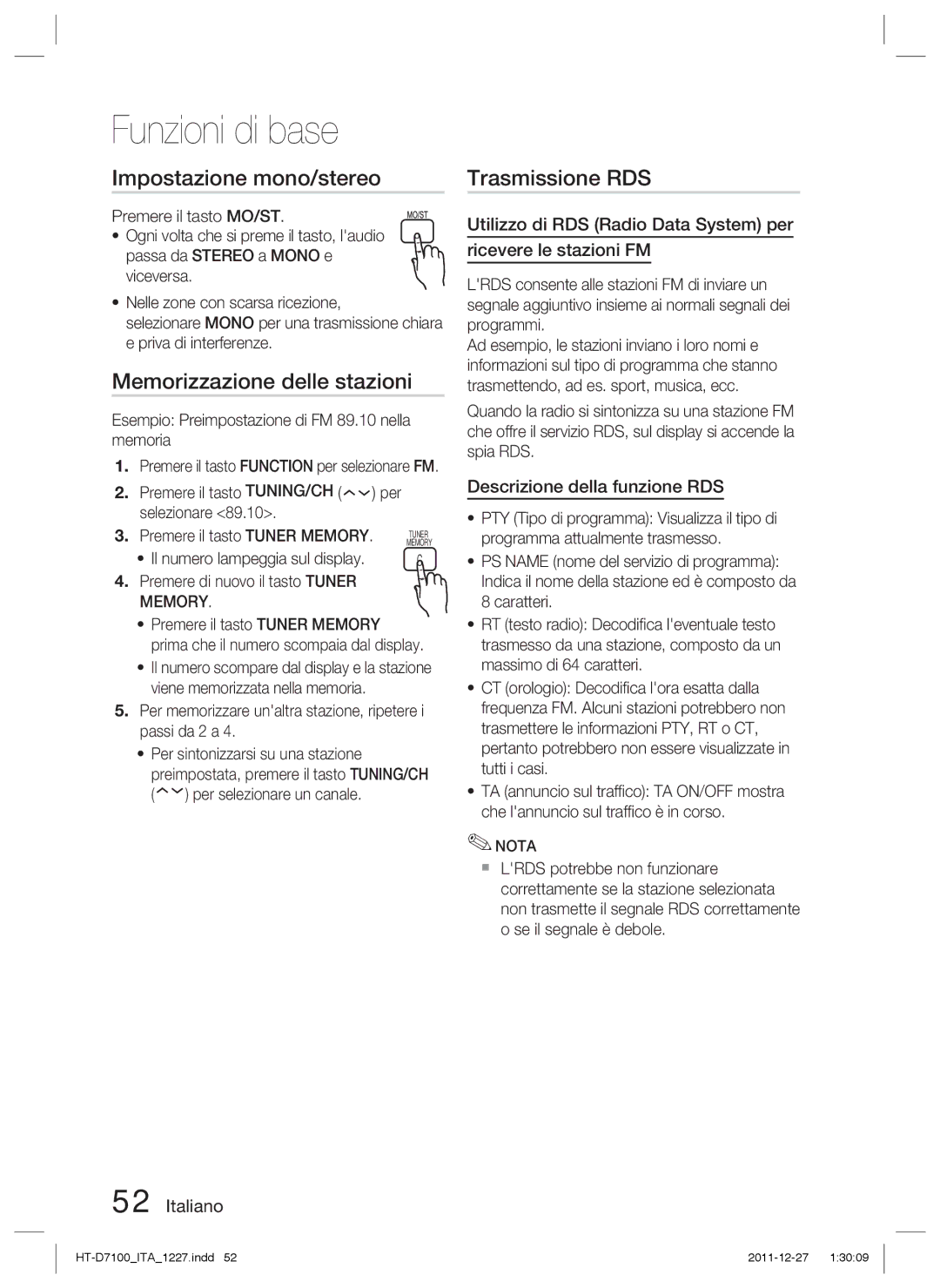 Samsung HT-D7100/EN, HT-D7100/ZF manual Impostazione mono/stereo, Memorizzazione delle stazioni, Trasmissione RDS 