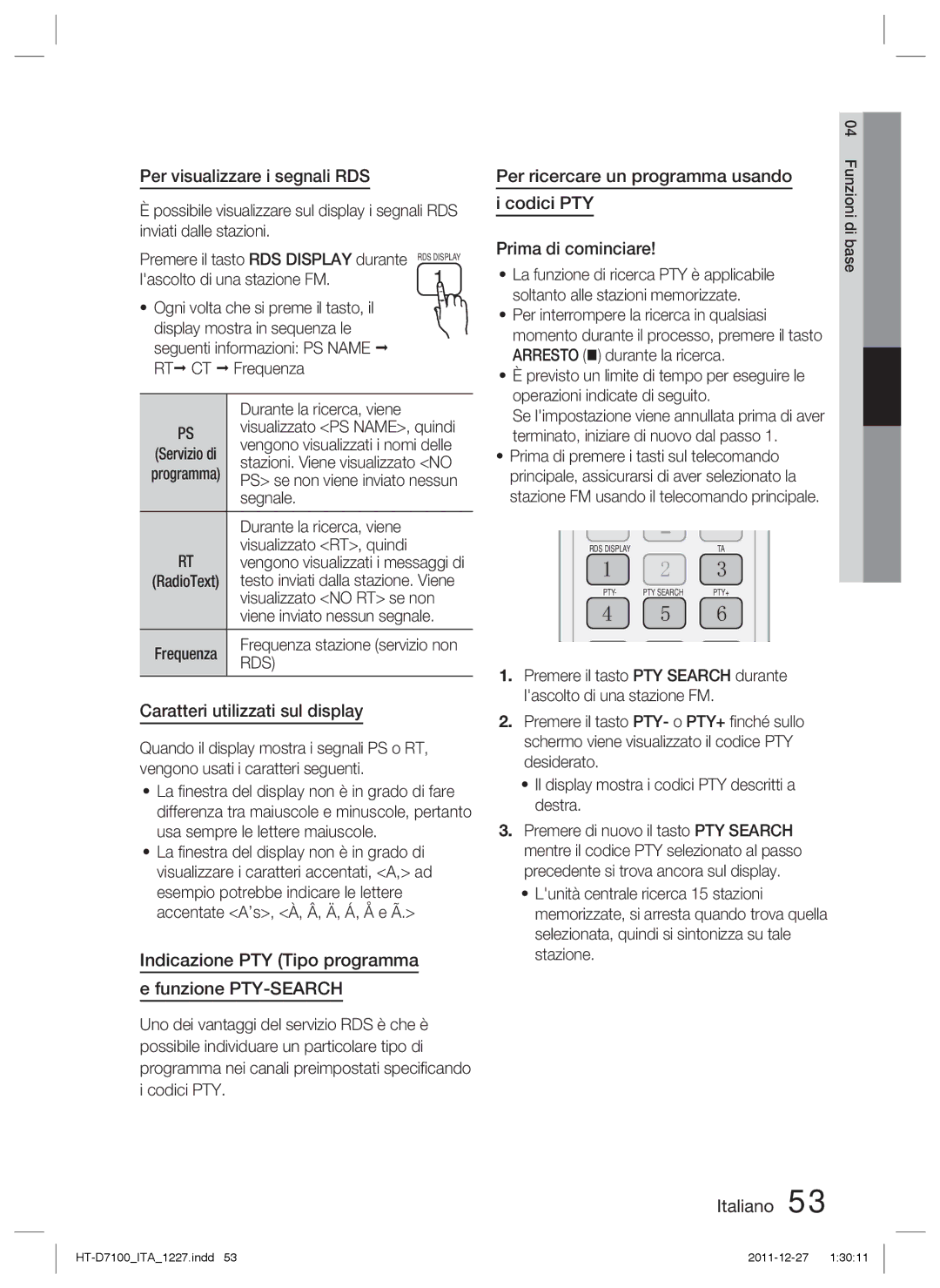 Samsung HT-D7100/ZF Per visualizzare i segnali RDS, Caratteri utilizzati sul display, Per ricercare un programma usando 