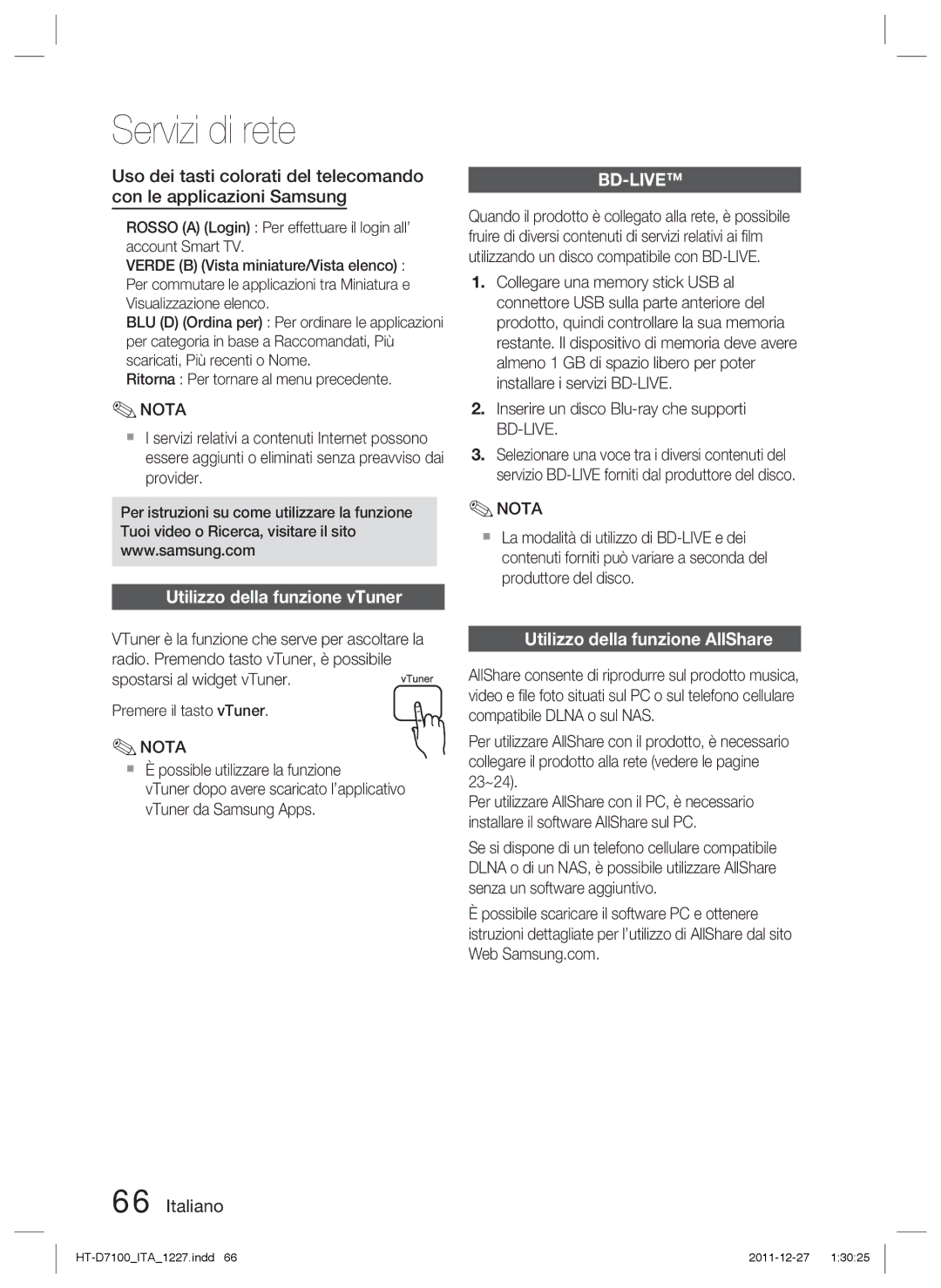 Samsung HT-D7100/EN Utilizzo della funzione vTuner, Utilizzo della funzione AllShare,  È possible utilizzare la funzione 