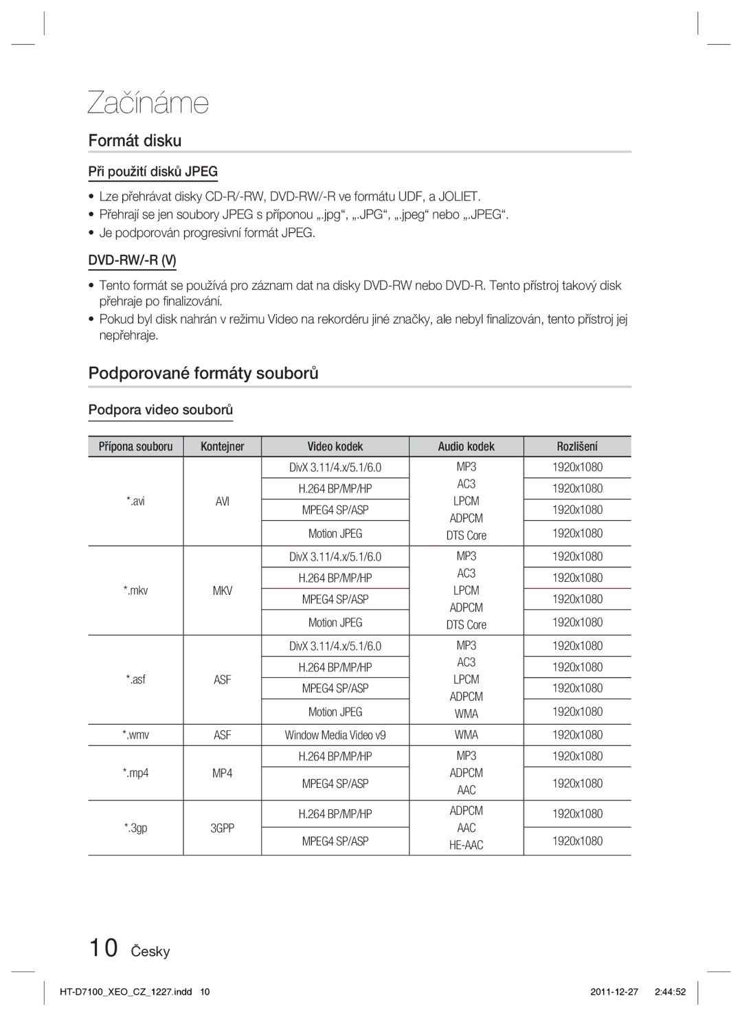 Samsung HT-D7100/EN Formát disku, Podporované formáty souborů, Při použití disků Jpeg, Podpora video souborů, 10 Česky 