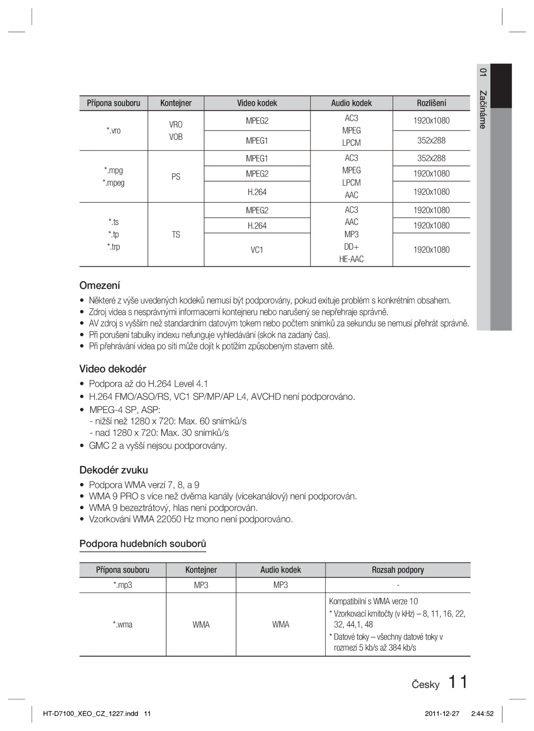 Samsung HT-D7100/ZF, HT-D7100/EN manual Podpora hudebních souborů, Vob, MPEG-4 SP, ASP 