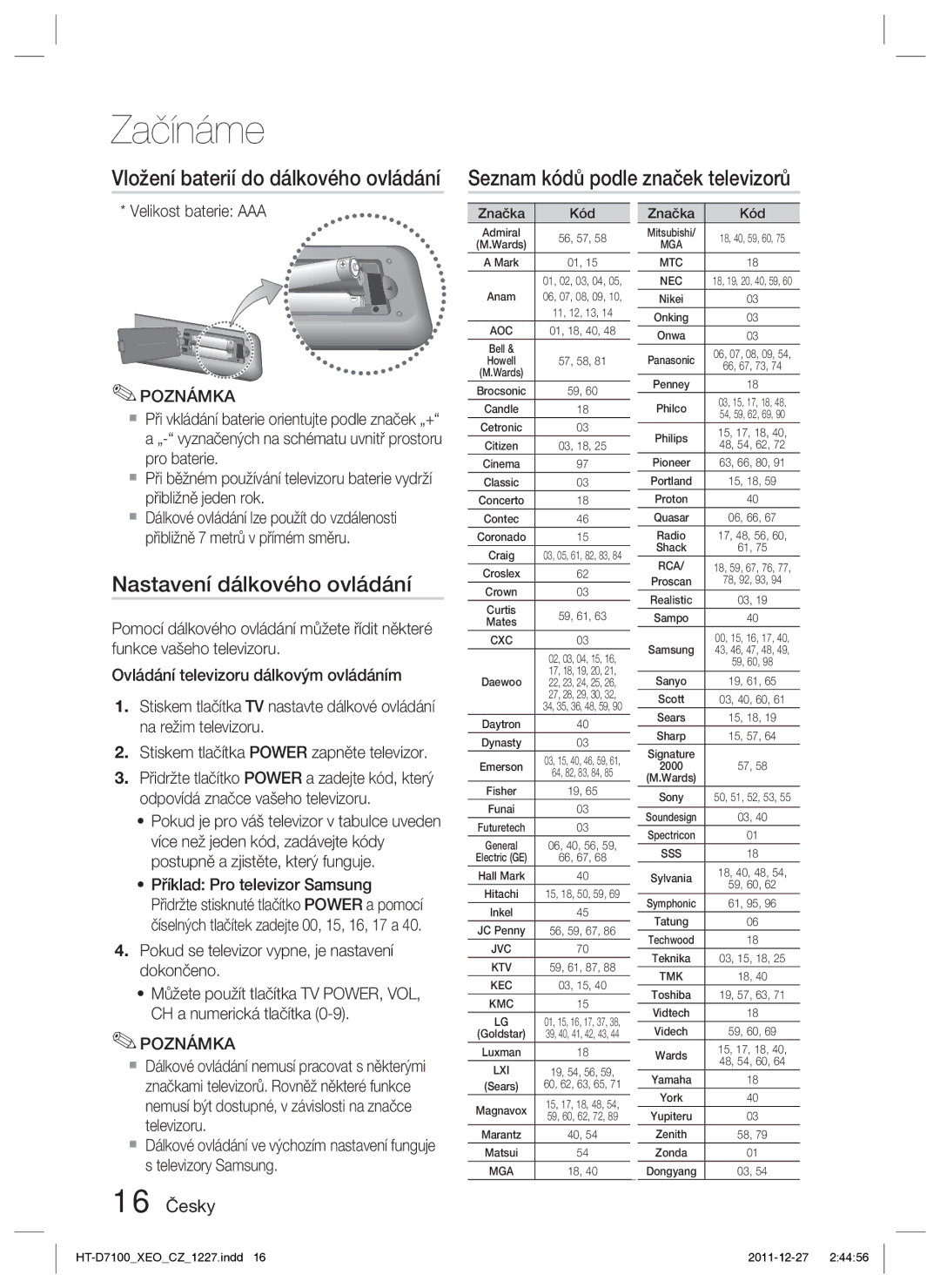 Samsung HT-D7100/EN, HT-D7100/ZF manual Nastavení dálkového ovládání, 16 Česky, Velikost baterie AAA 