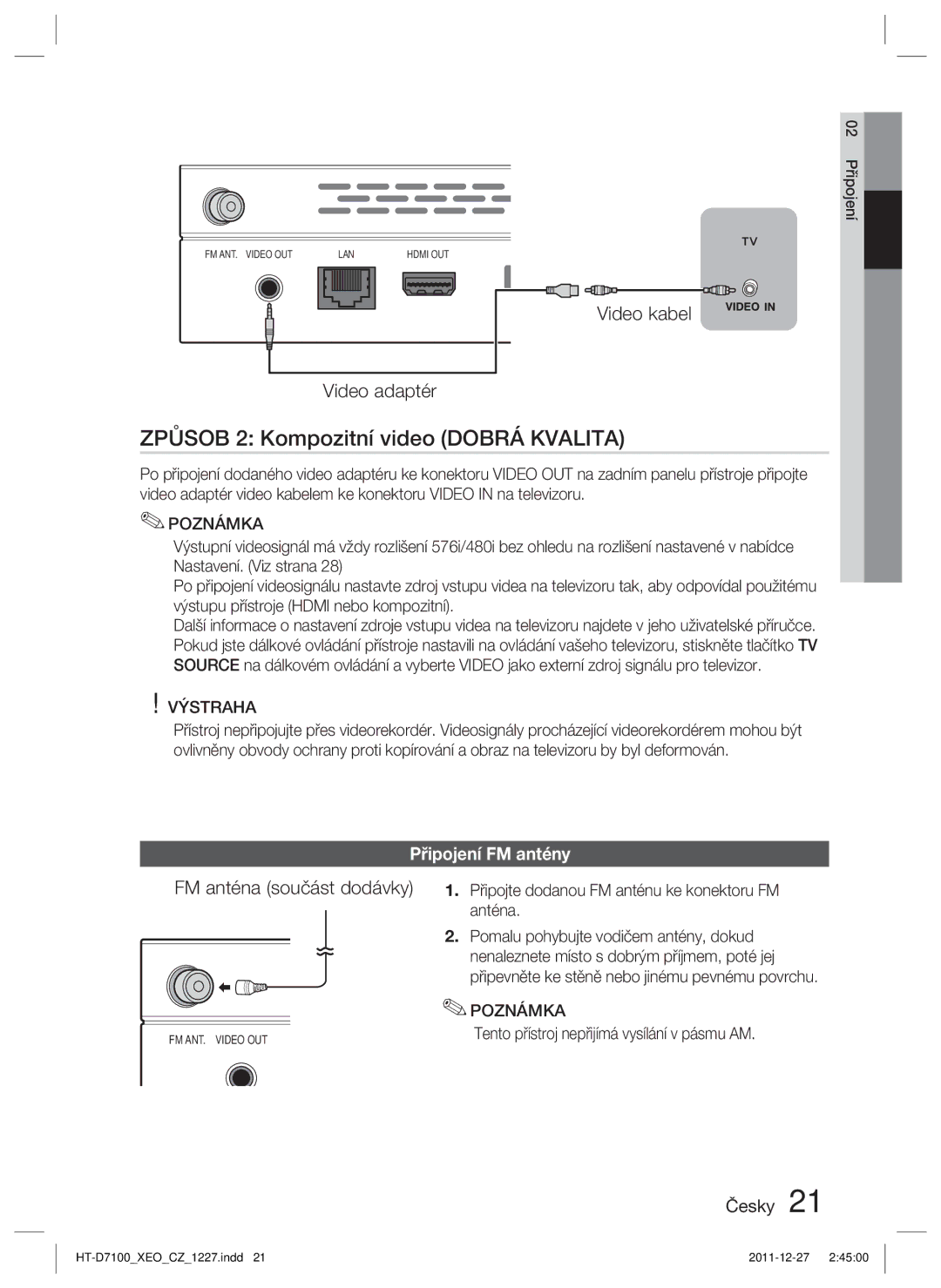 Samsung HT-D7100/ZF, HT-D7100/EN manual Způsob 2 Kompozitní video Dobrá Kvalita, Připojení FM antény 