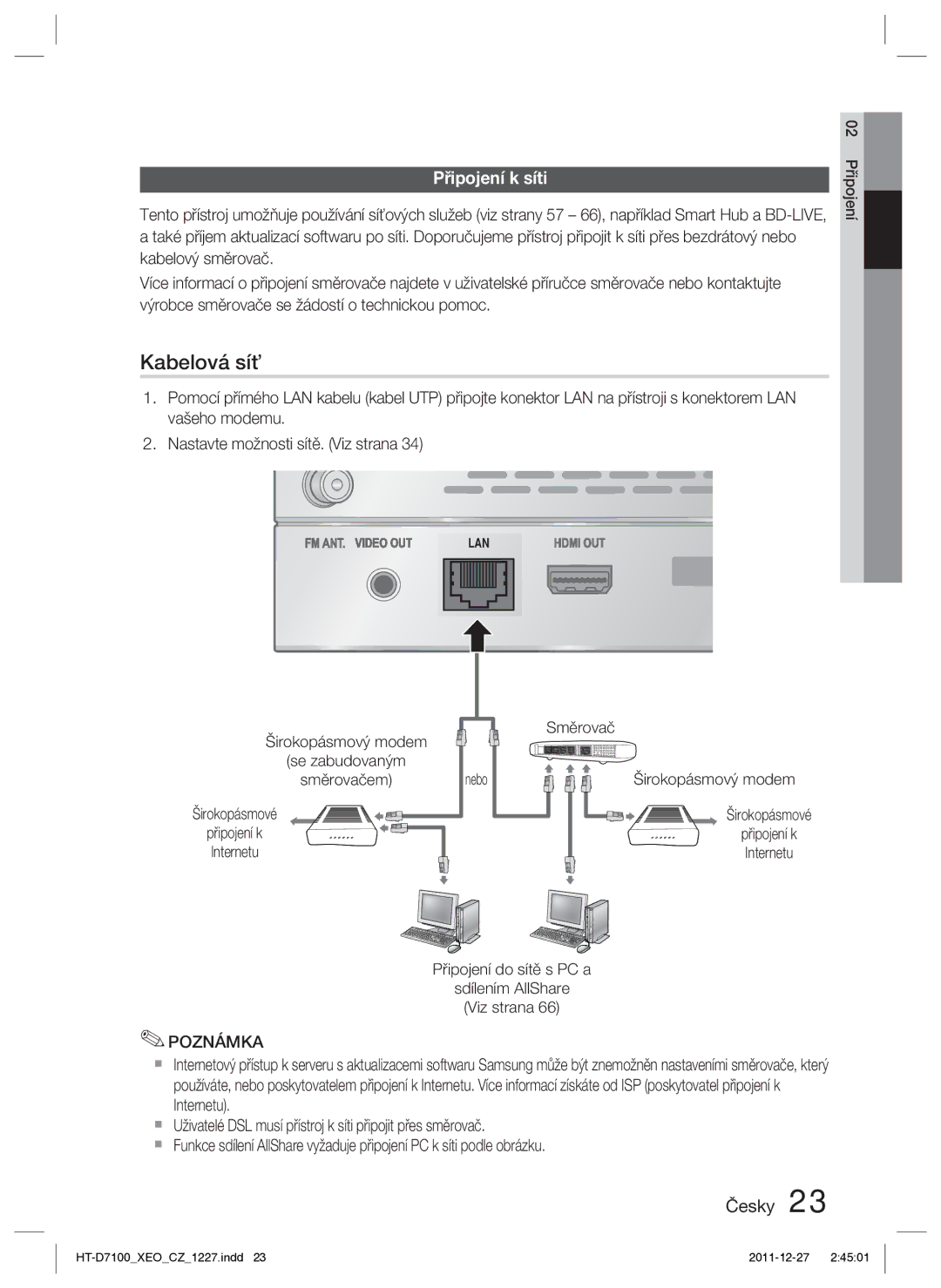 Samsung HT-D7100/ZF Připojení k síti, Směrovač Širokopásmový modem, Připojení do sítě s PC a Sdílením AllShare Viz strana 