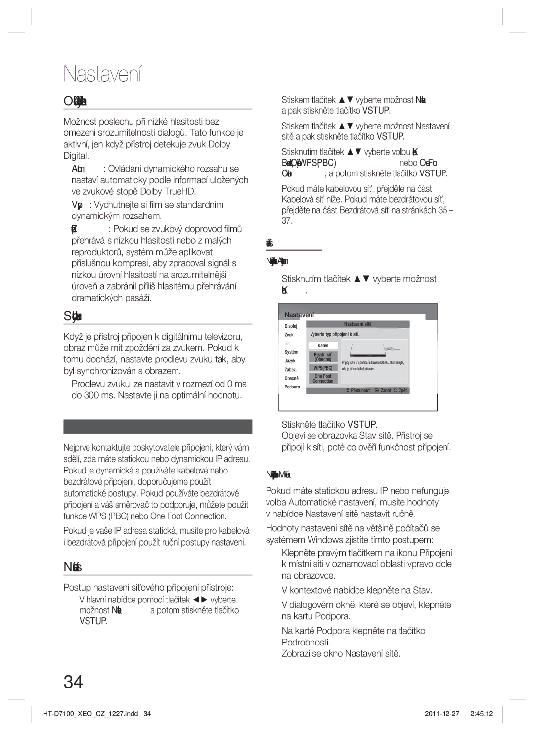 Samsung HT-D7100/EN, HT-D7100/ZF manual Ovládání dynamického rozsahu, Synch. zvuku, Nastavení sítě, Síť 