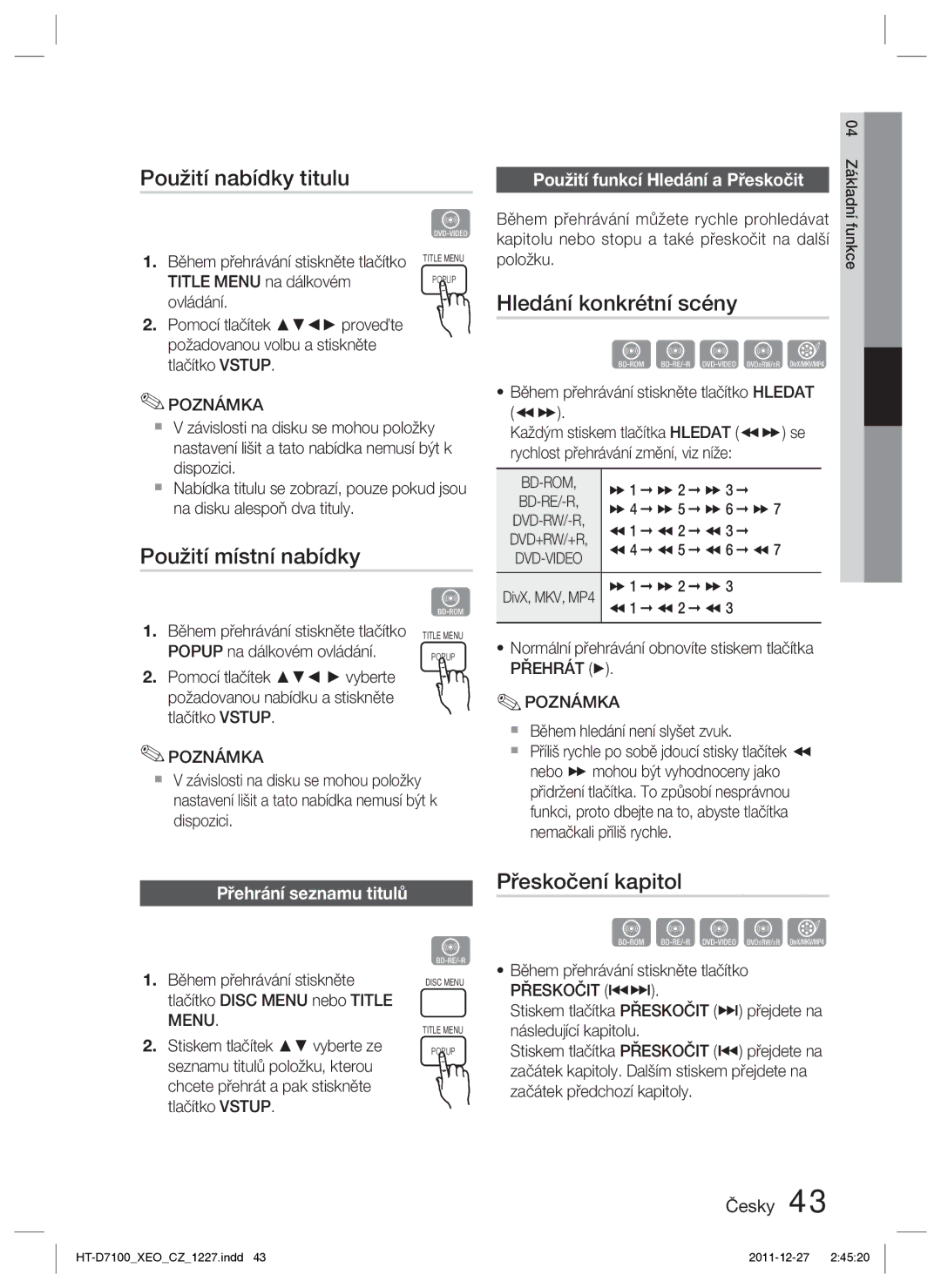 Samsung HT-D7100/ZF manual Použití nabídky titulu, Použití místní nabídky, Hledání konkrétní scény, Přeskočení kapitol 