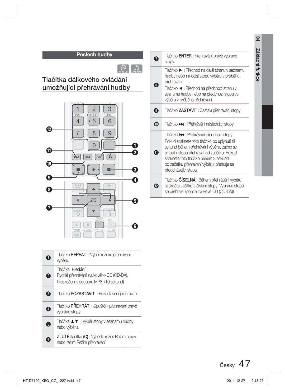 Samsung HT-D7100/ZF, HT-D7100/EN manual Tlačítka dálkového ovládání, Umožňující přehrávání hudby, Poslech hudby 