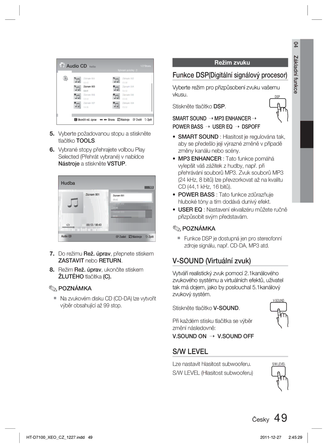 Samsung HT-D7100/ZF manual Sound Virtuální zvuk, Režim zvuku, Funkce DSPDigitální signálový procesor, Sound on V.SOUND OFF 