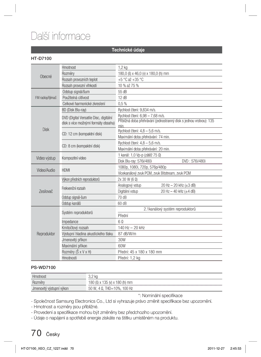 Samsung HT-D7100/EN, HT-D7100/ZF manual Technické údaje, 70 Česky 