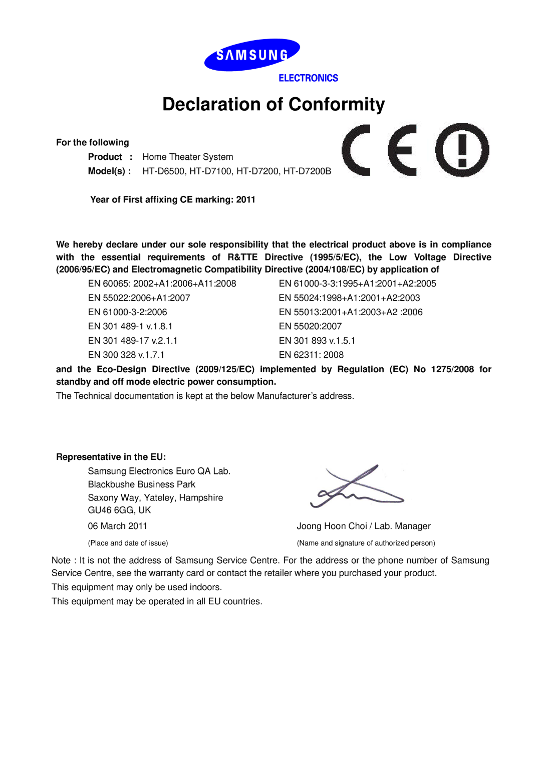 Samsung HT-D7200/XN, HT-D7100/EN, HT-D7100/XN manual Declaration of Conformity, For the following, Representative in the EU 