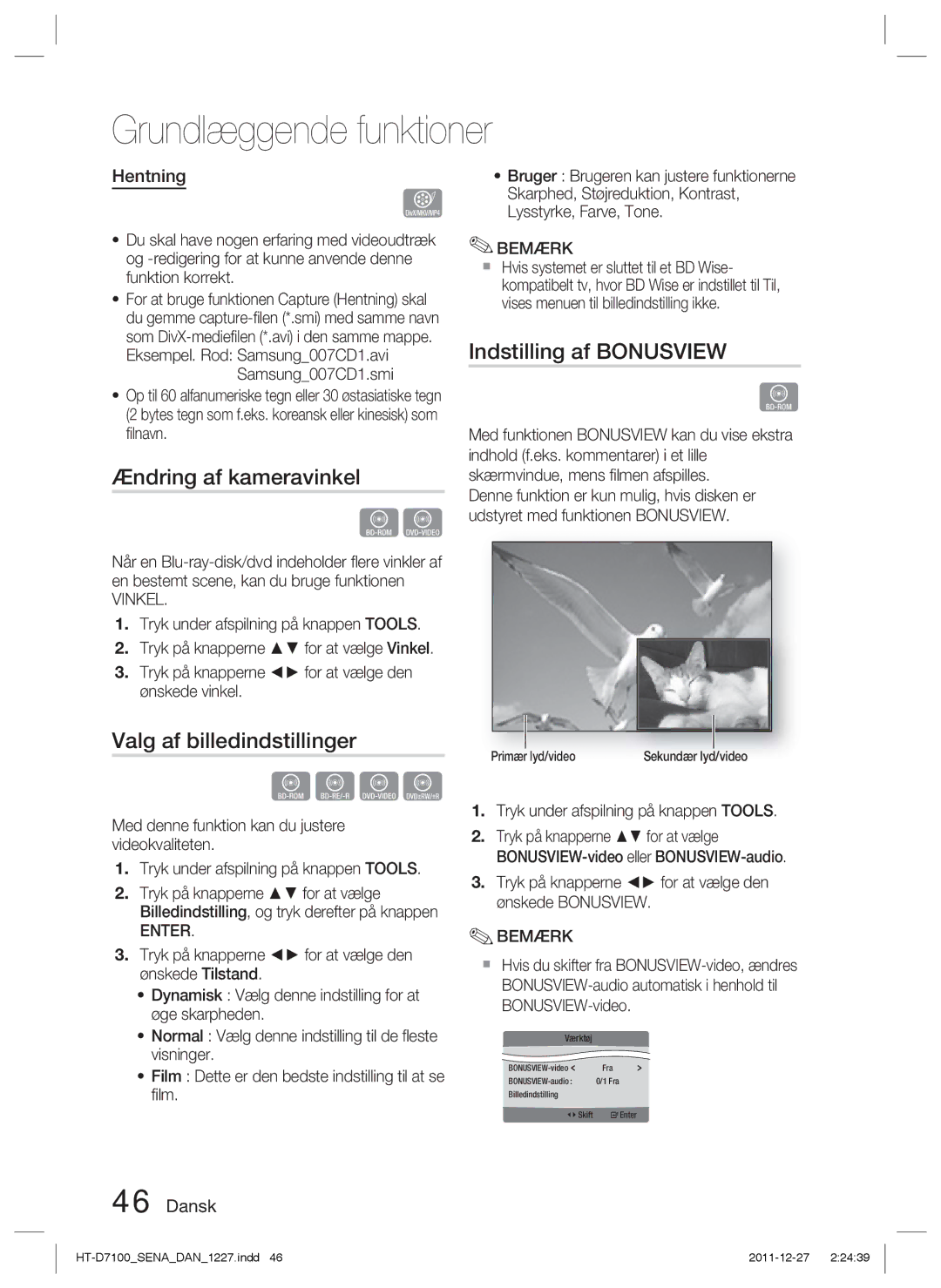 Samsung HT-D7100/XE manual Ændring af kameravinkel, Valg af billedindstillinger, Indstilling af Bonusview, Hentning, Vinkel 