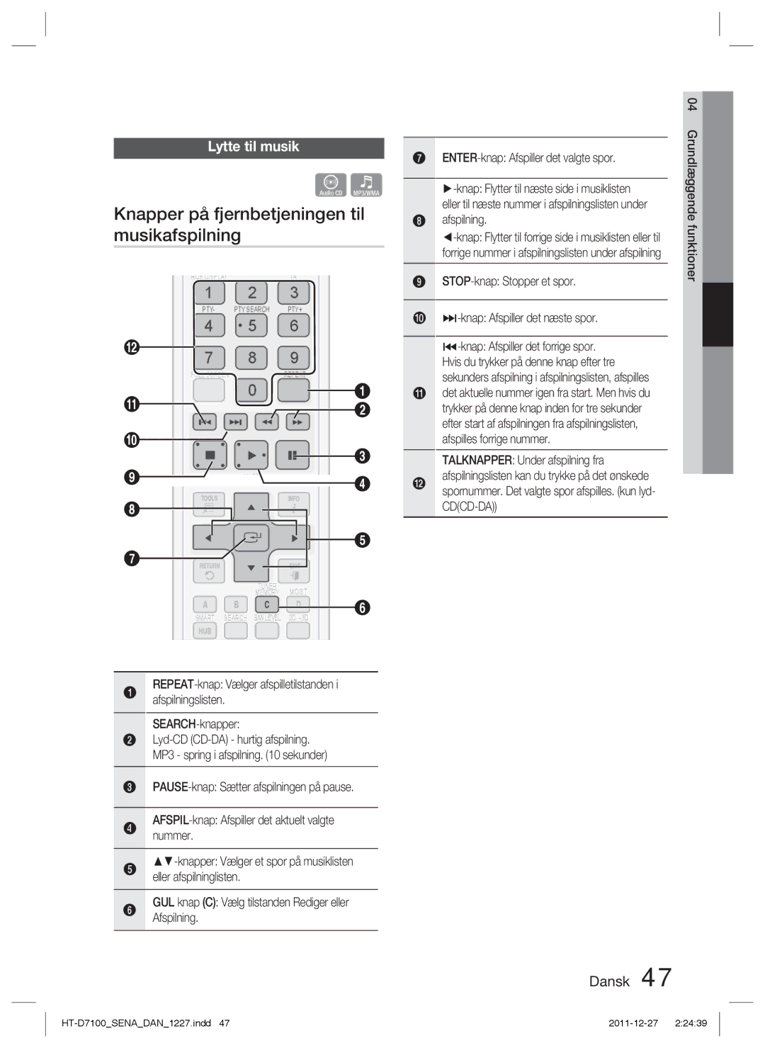 Samsung HT-D7100/XE manual Knapper på fjernbetjeningen til, Musikafspilning, Lytte til musik 