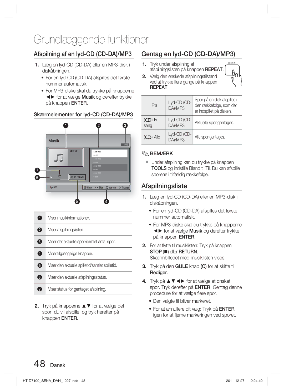 Samsung HT-D7100/XE manual Gentag en lyd-CD CD-DA/MP3, Afspilningsliste, Skærmelementer for lyd-CD CD-DA/MP3, Repeat 