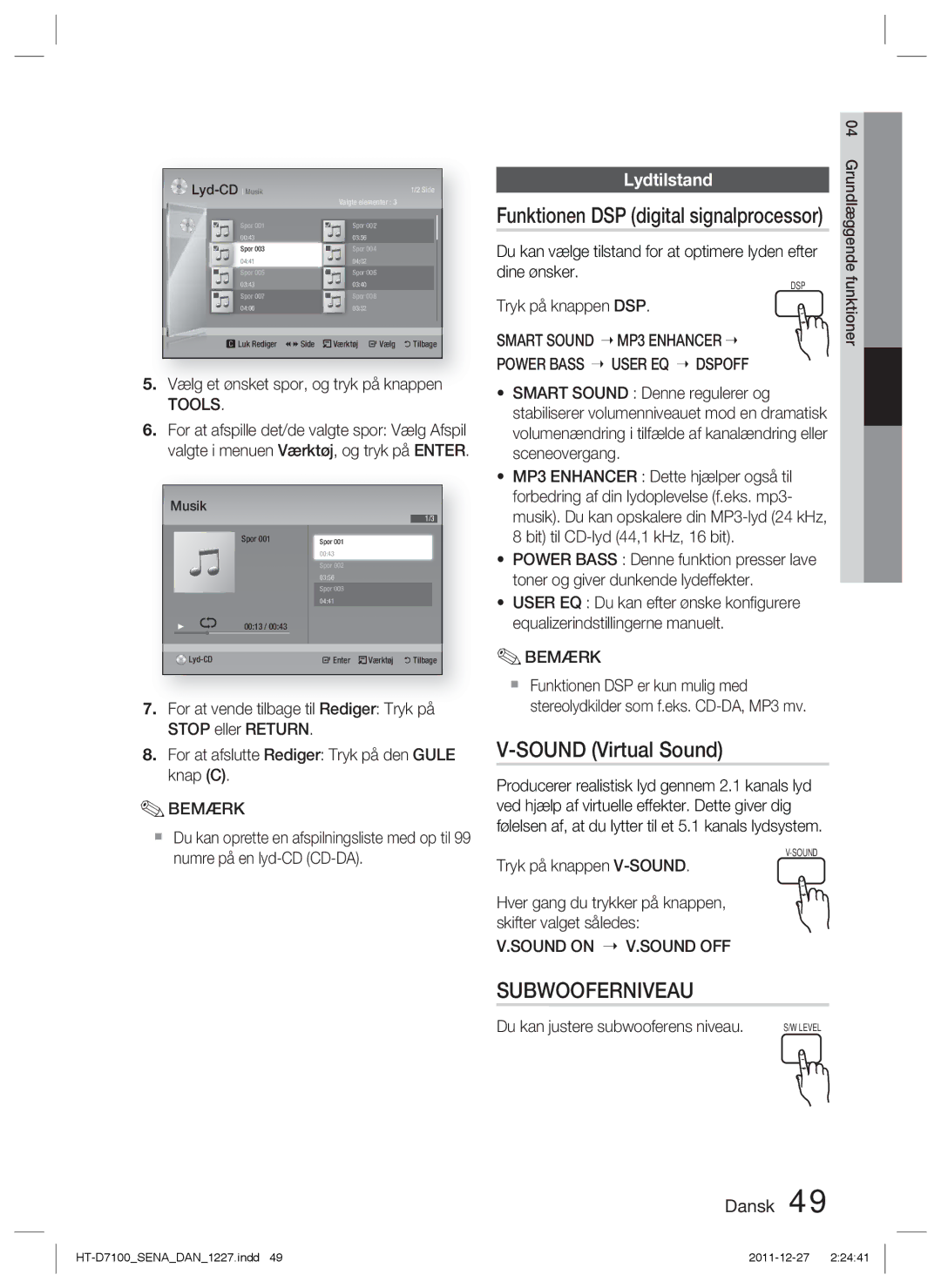 Samsung HT-D7100/XE manual Sound Virtual Sound, Funktionen DSP digital signalprocessor, Lydtilstand, Sound on V.SOUND OFF 