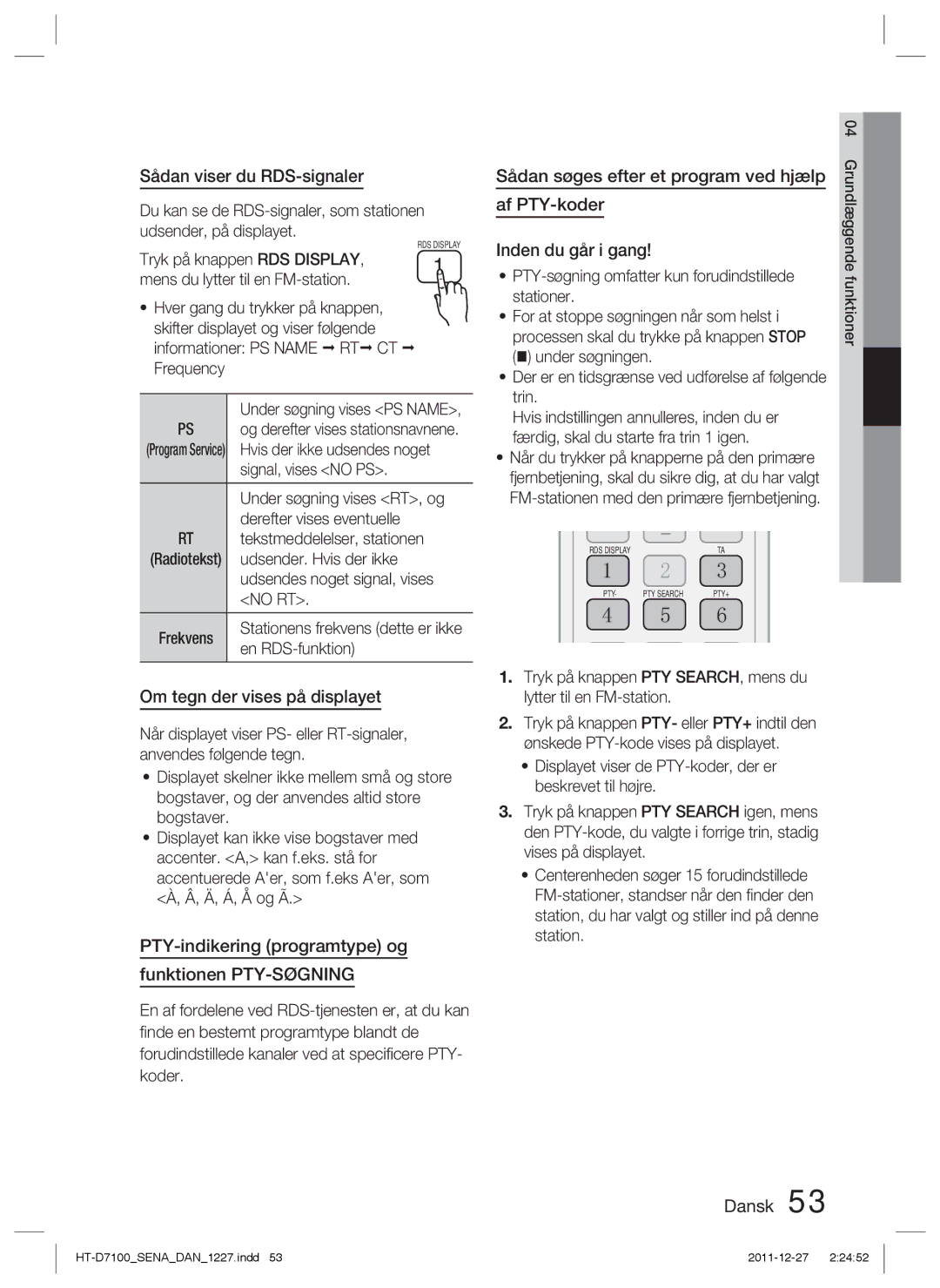 Samsung HT-D7100/XE Sådan viser du RDS-signaler, Om tegn der vises på displayet, Sådan søges efter et program ved hjælp 