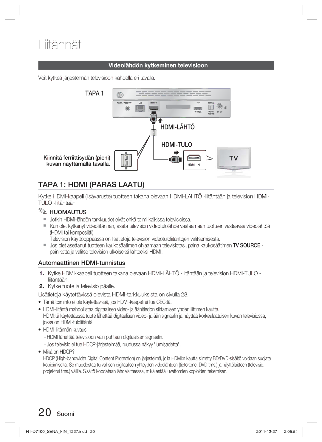 Samsung HT-D7100/XE manual Videolähdön kytkeminen televisioon, Automaattinen HDMI-tunnistus 