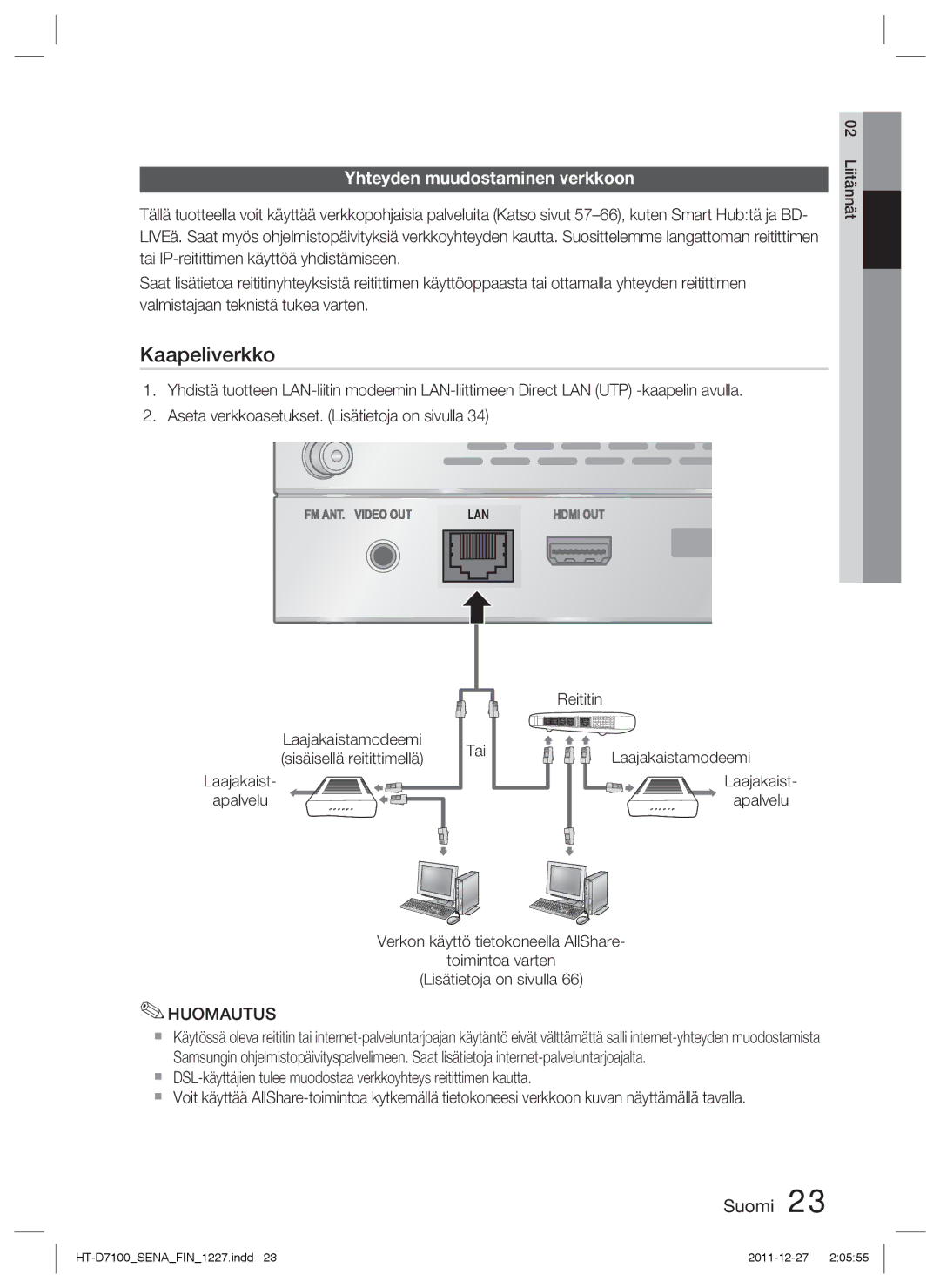 Samsung HT-D7100/XE manual Kaapeliverkko, Yhteyden muudostaminen verkkoon 