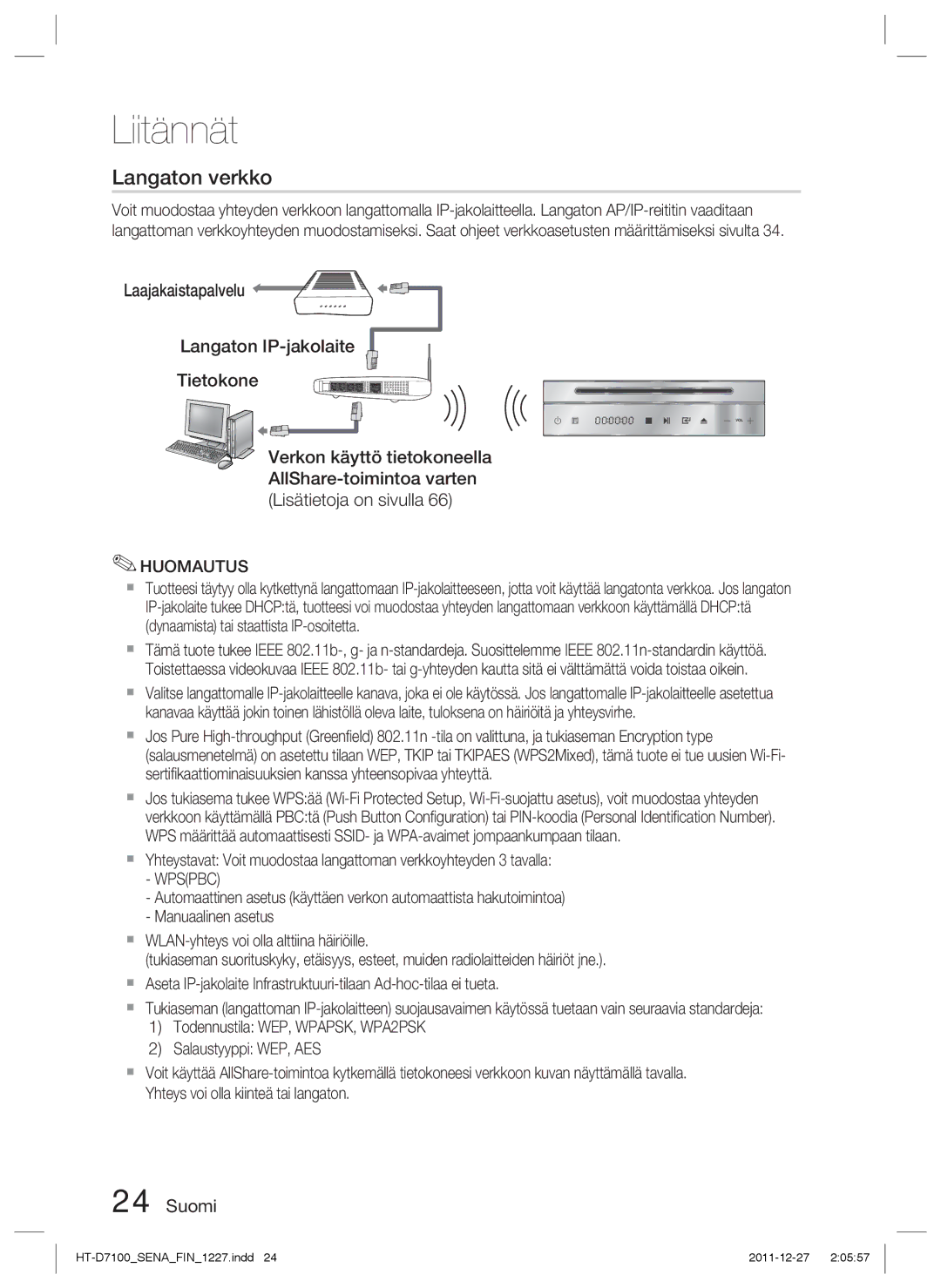 Samsung HT-D7100/XE manual Langaton verkko, Wpspbc 