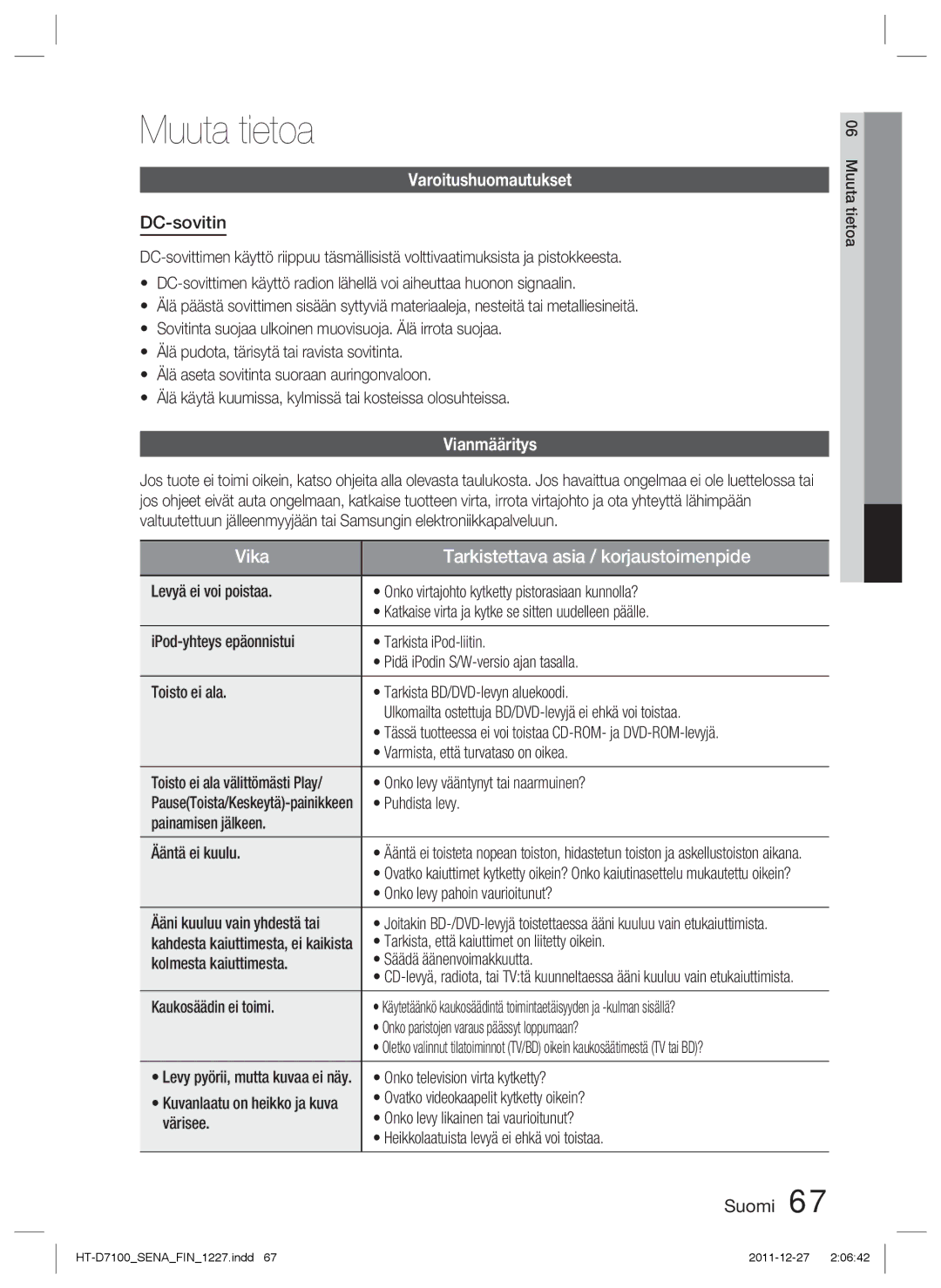 Samsung HT-D7100/XE manual Muuta tietoa, Varoitushuomautukset, DC-sovitin, Vianmääritys 