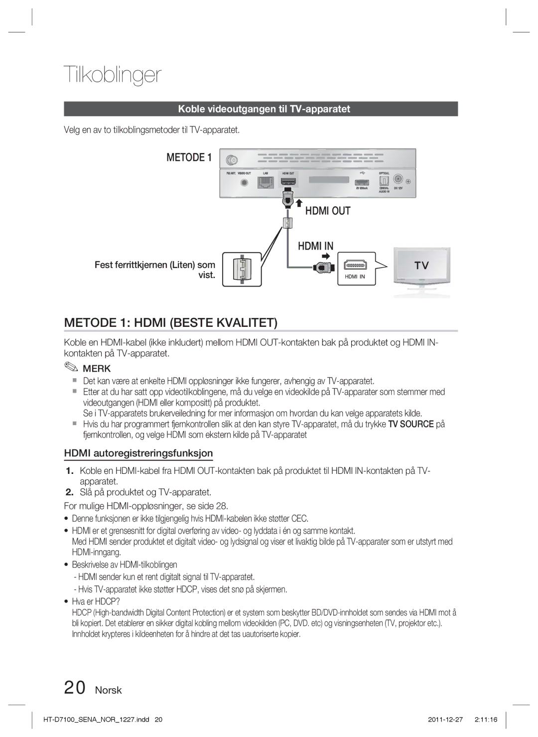 Samsung HT-D7100/XE manual Koble videoutgangen til TV-apparatet, Hdmi autoregistreringsfunksjon 