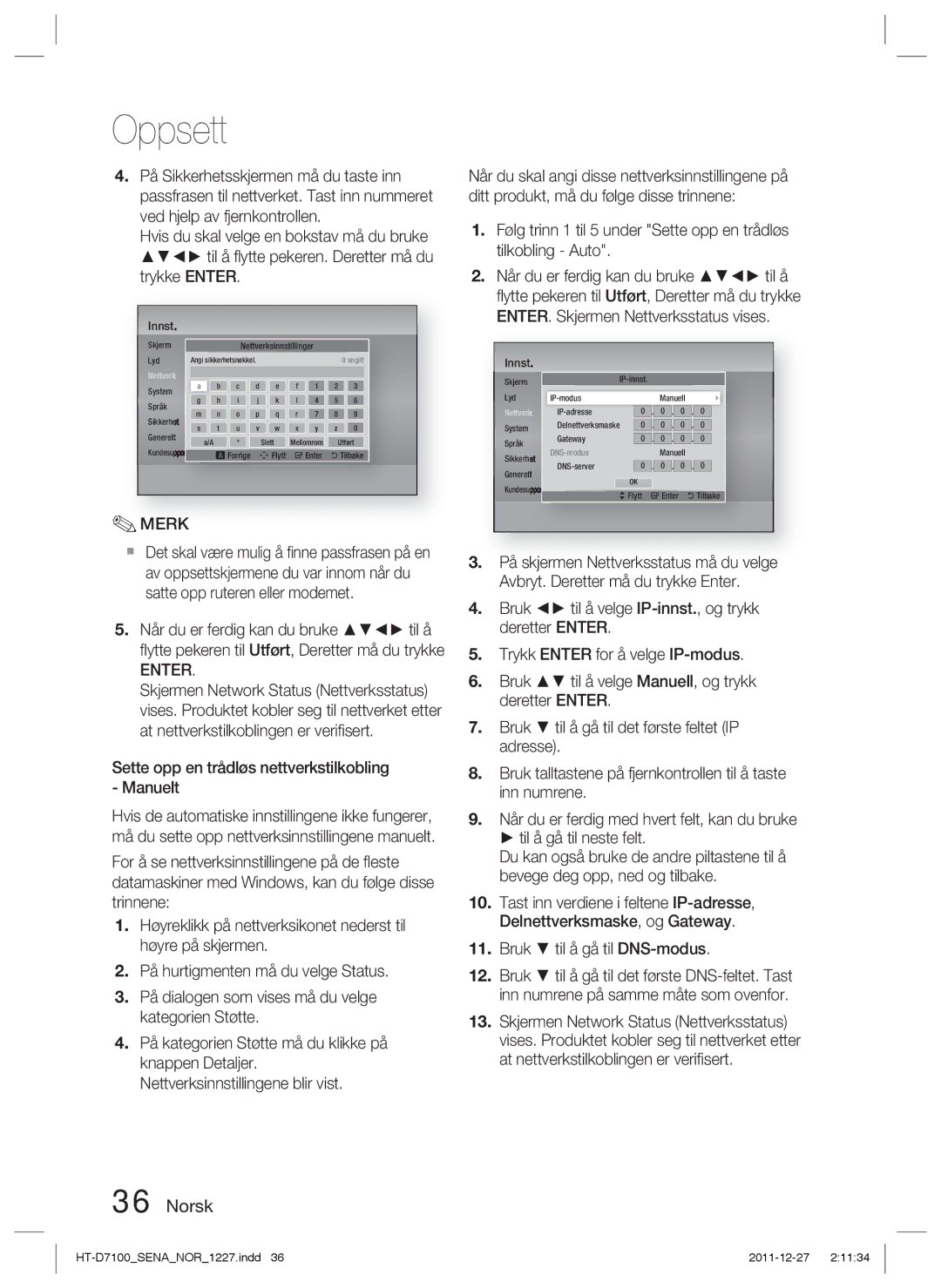 Samsung HT-D7100/XE manual Merk, Sette opp en trådløs nettverkstilkobling Manuelt 