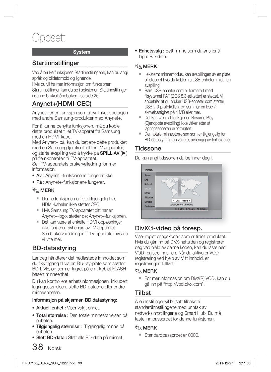 Samsung HT-D7100/XE manual Startinnstillinger, Anynet+HDMI-CEC, BD-datastyring, Tidssone, DivX-video på foresp, Tilbst 