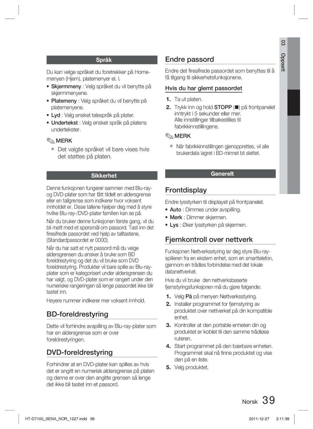 Samsung HT-D7100/XE BD-foreldrestyring, DVD-foreldrestyring, Endre passord, Frontdisplay, Fjernkontroll over nettverk 