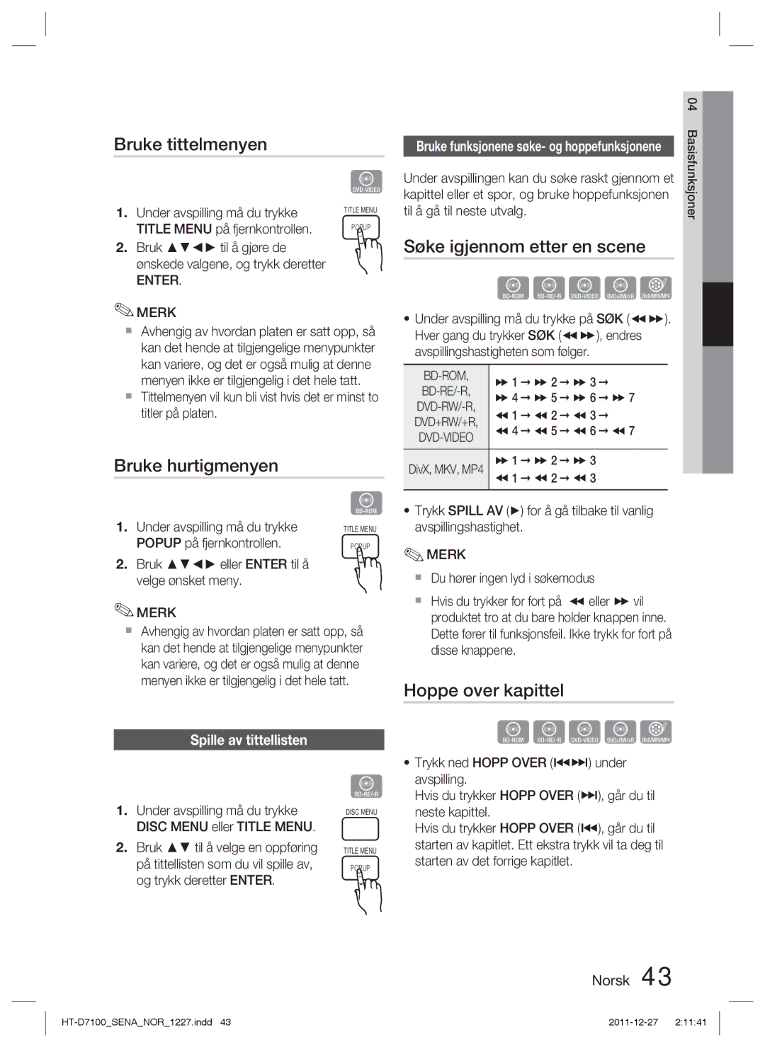 Samsung HT-D7100/XE manual Bruke tittelmenyen, Bruke hurtigmenyen, Spille av tittellisten 