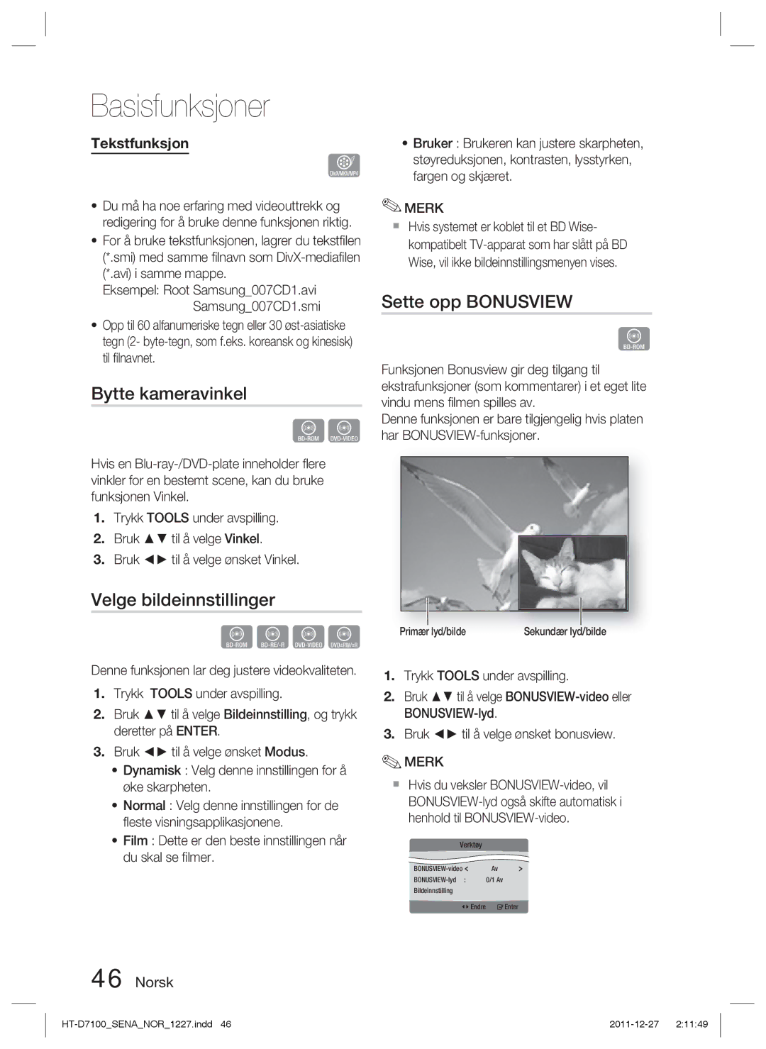 Samsung HT-D7100/XE manual Bytte kameravinkel, Velge bildeinnstillinger, Sette opp Bonusview, Fargen og skjæret 