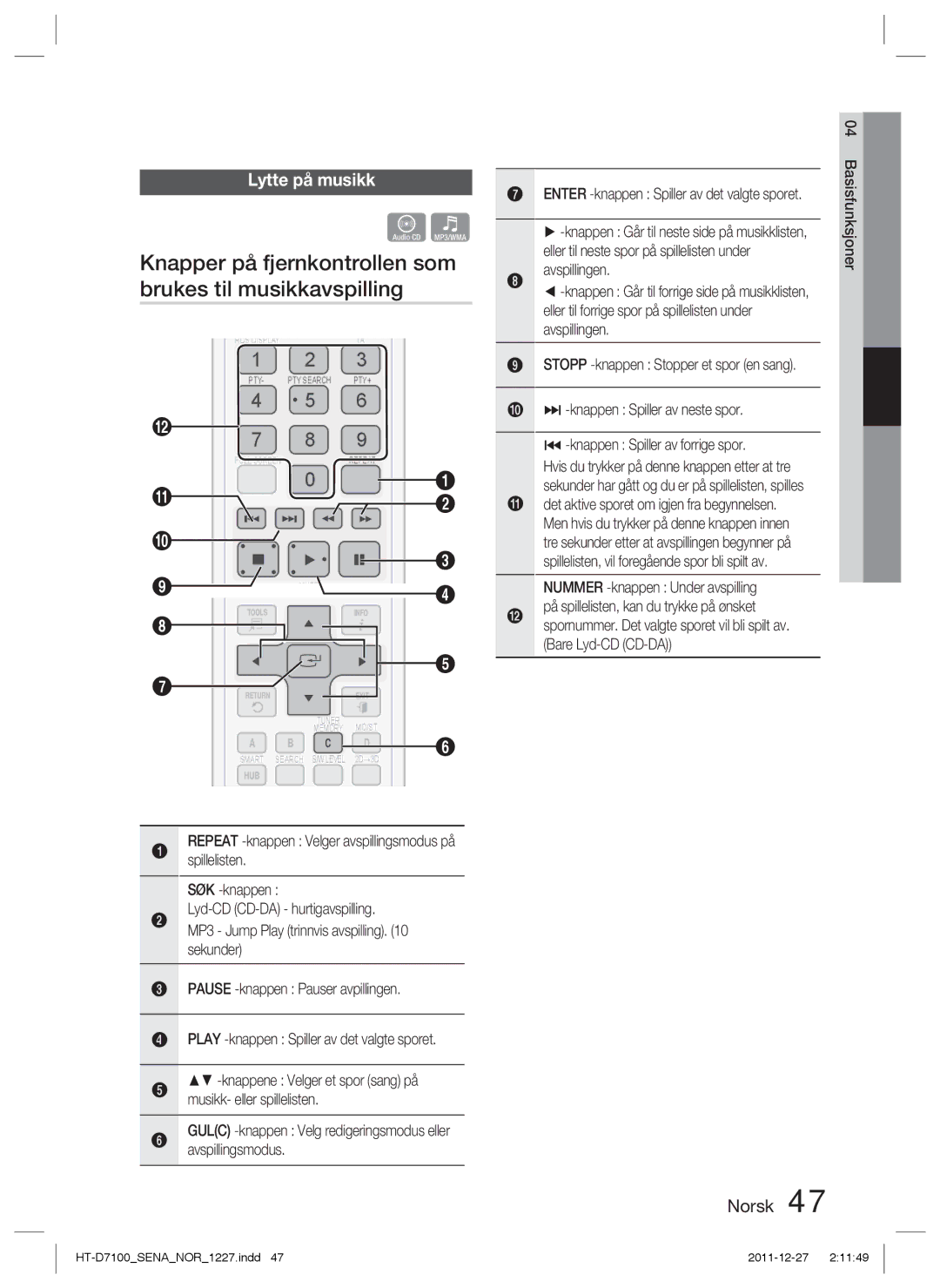 Samsung HT-D7100/XE manual Knapper på fjernkontrollen som, Brukes til musikkavspilling, Lytte på musikk, Avspillingen 