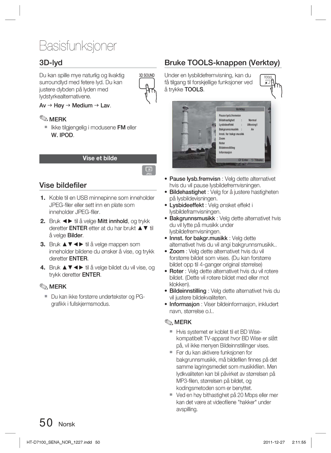 Samsung HT-D7100/XE manual 3D-lyd, Vise bildeﬁler, Bruke TOOLS-knappen Verktøy, Vise et bilde 