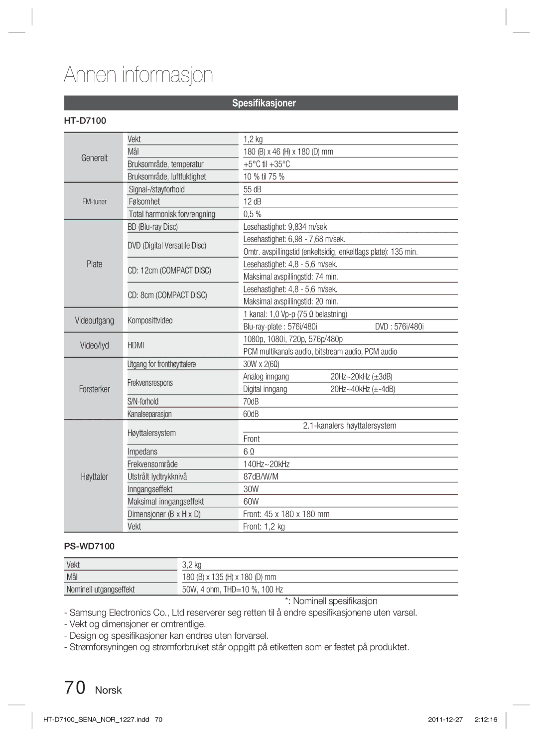 Samsung HT-D7100/XE manual Spesiﬁkasjoner 