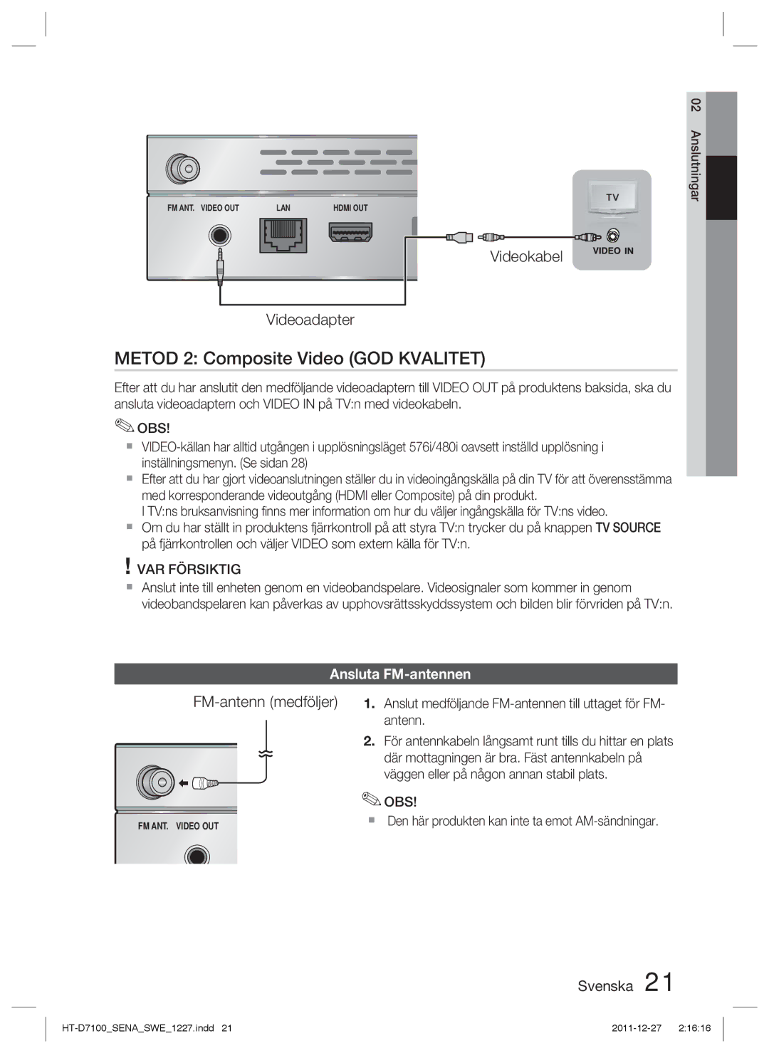 Samsung HT-D7100/XE manual Metod 2 Composite Video GOD Kvalitet, Ansluta FM-antennen 